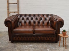 Original English Chesterfield Sofa Two Seat in Leather Tobacco Tan