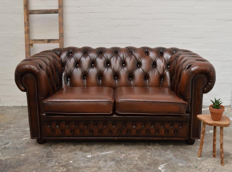 Original English Chesterfield Sofa Two Seat in Leather Tobacco Tan For ...