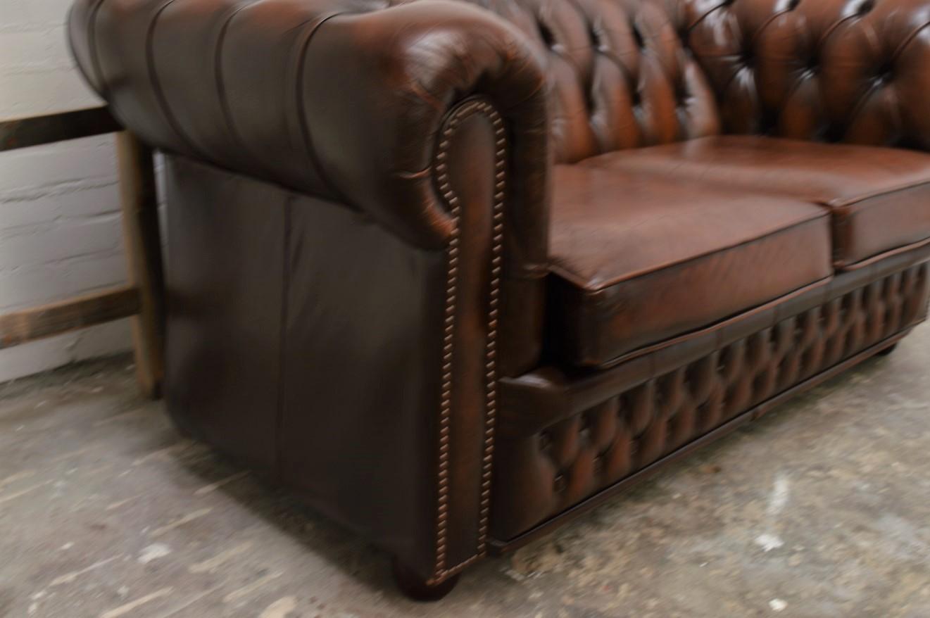 British Original English Chesterfield Sofa Two Seat in Leather Tobacco Tan For Sale