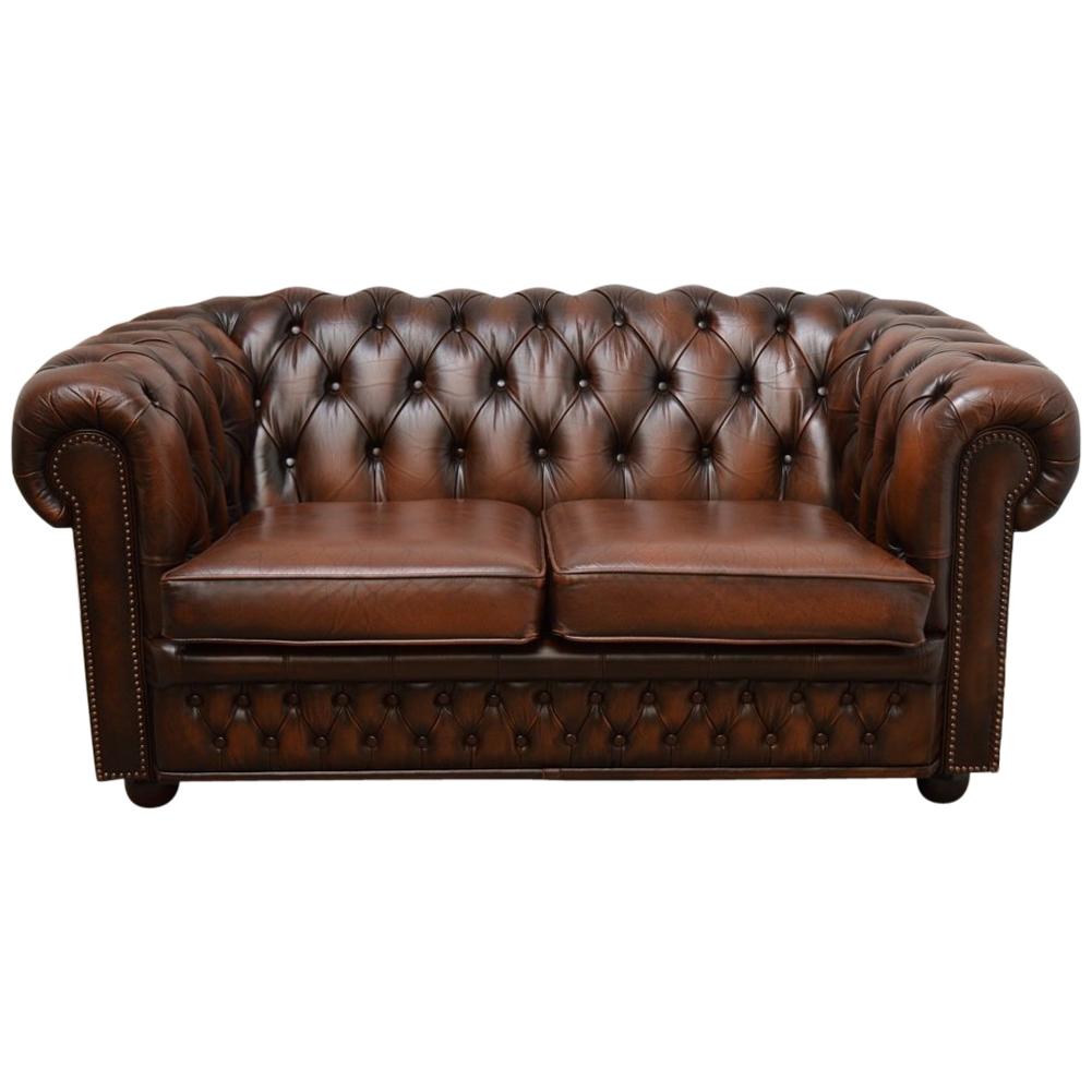 Original English Chesterfield Sofa Two Seat in Leather Tobacco Tan For Sale