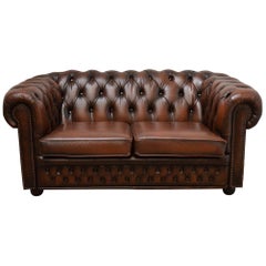 Original English Chesterfield Sofa Two Seat in Leather Tobacco Tan