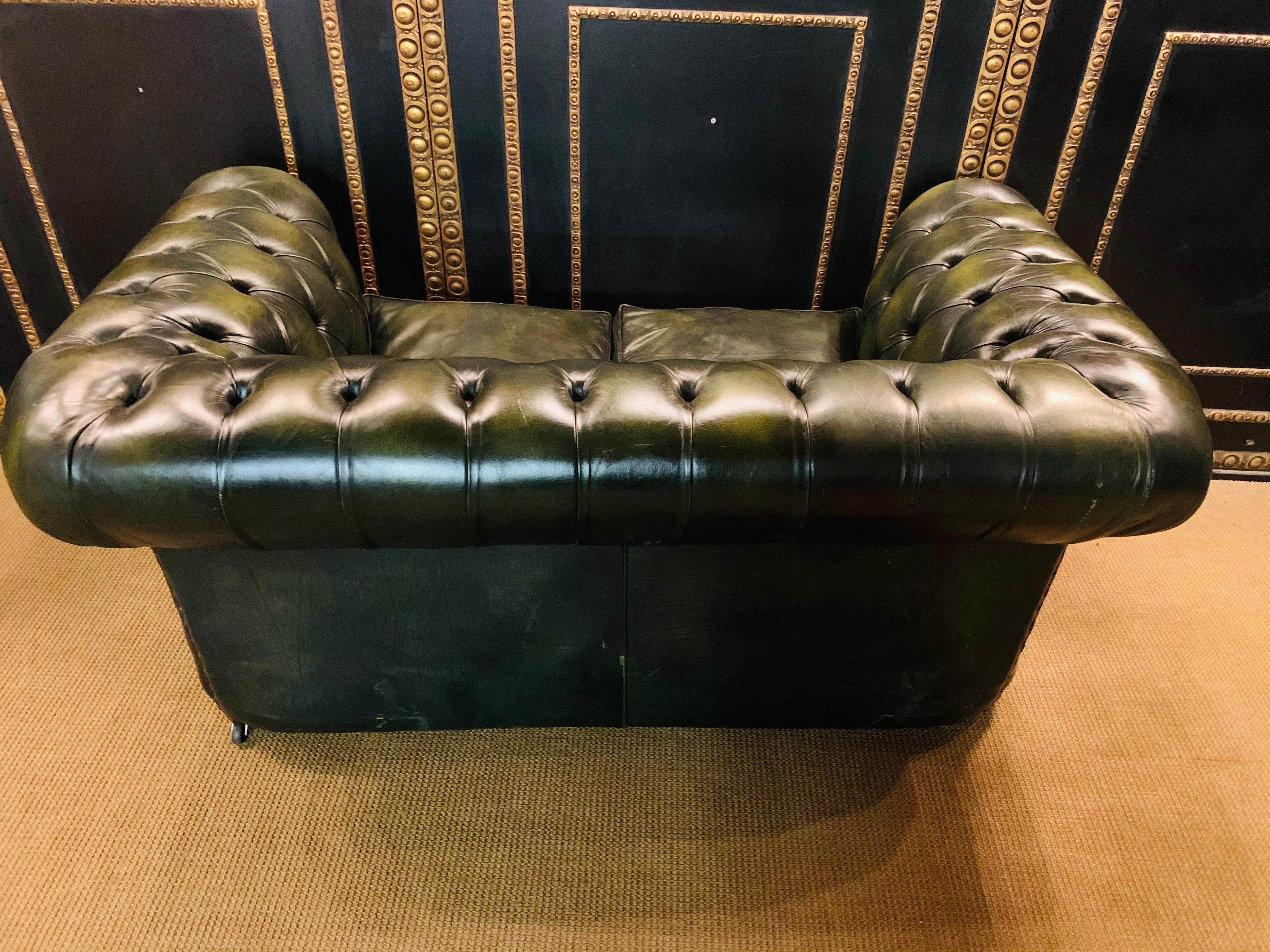 Original English Dark Green Chesterfield Leather Two-Seat Sofa 9