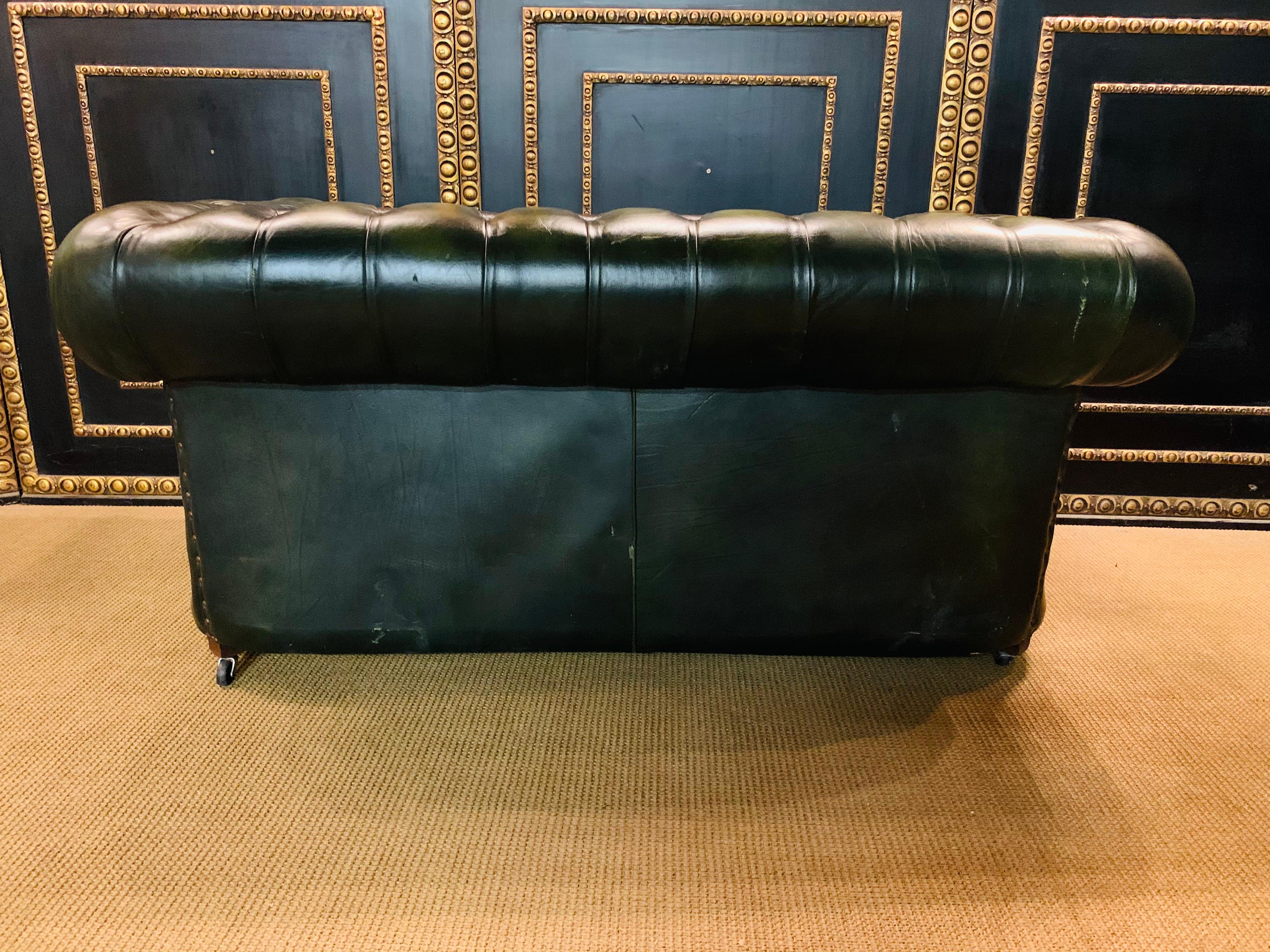 Original English Dark Green Chesterfield Leather Two-Seat Sofa 10