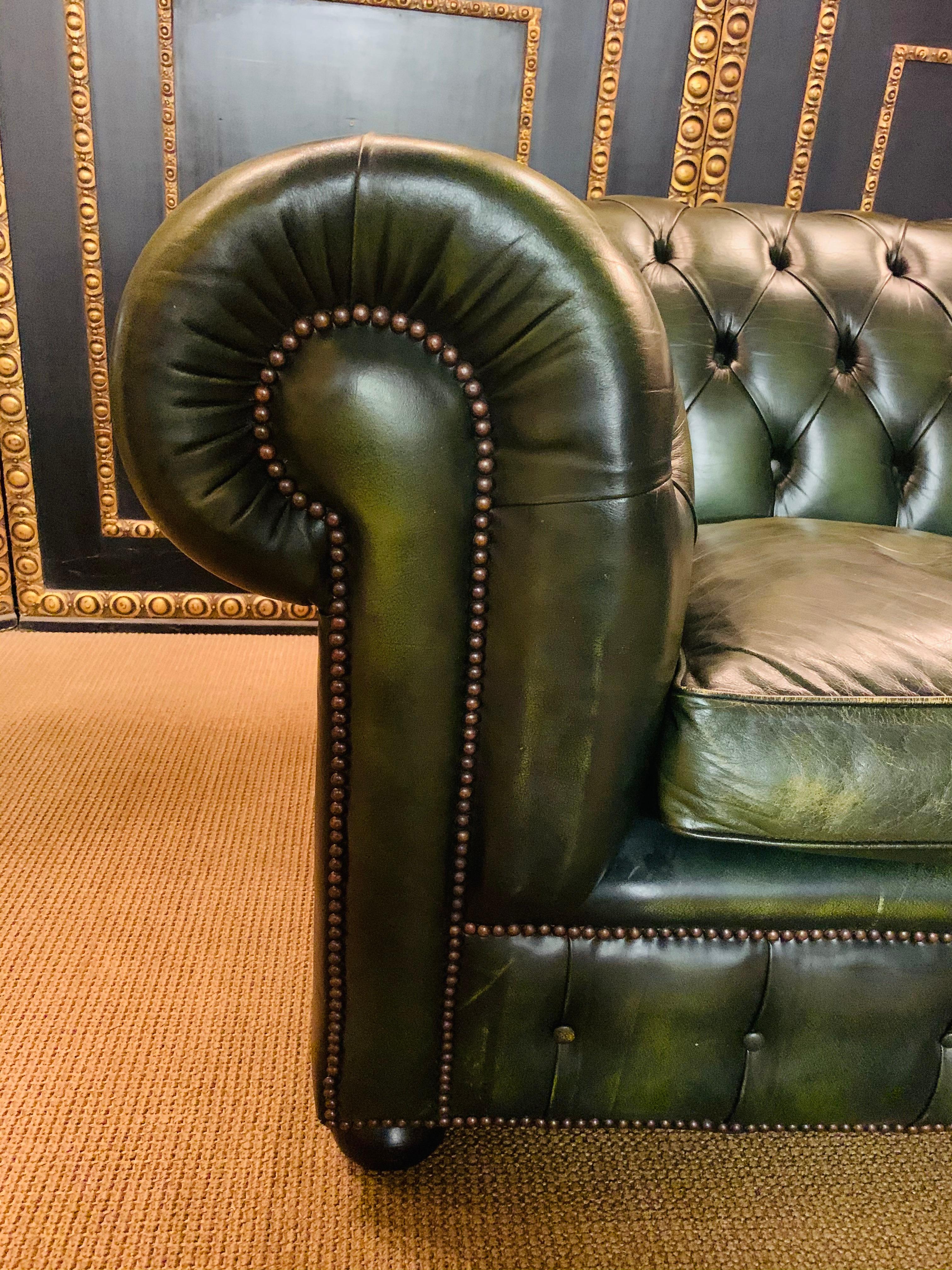 20th Century Original English Dark Green Chesterfield Leather Two-Seat Sofa