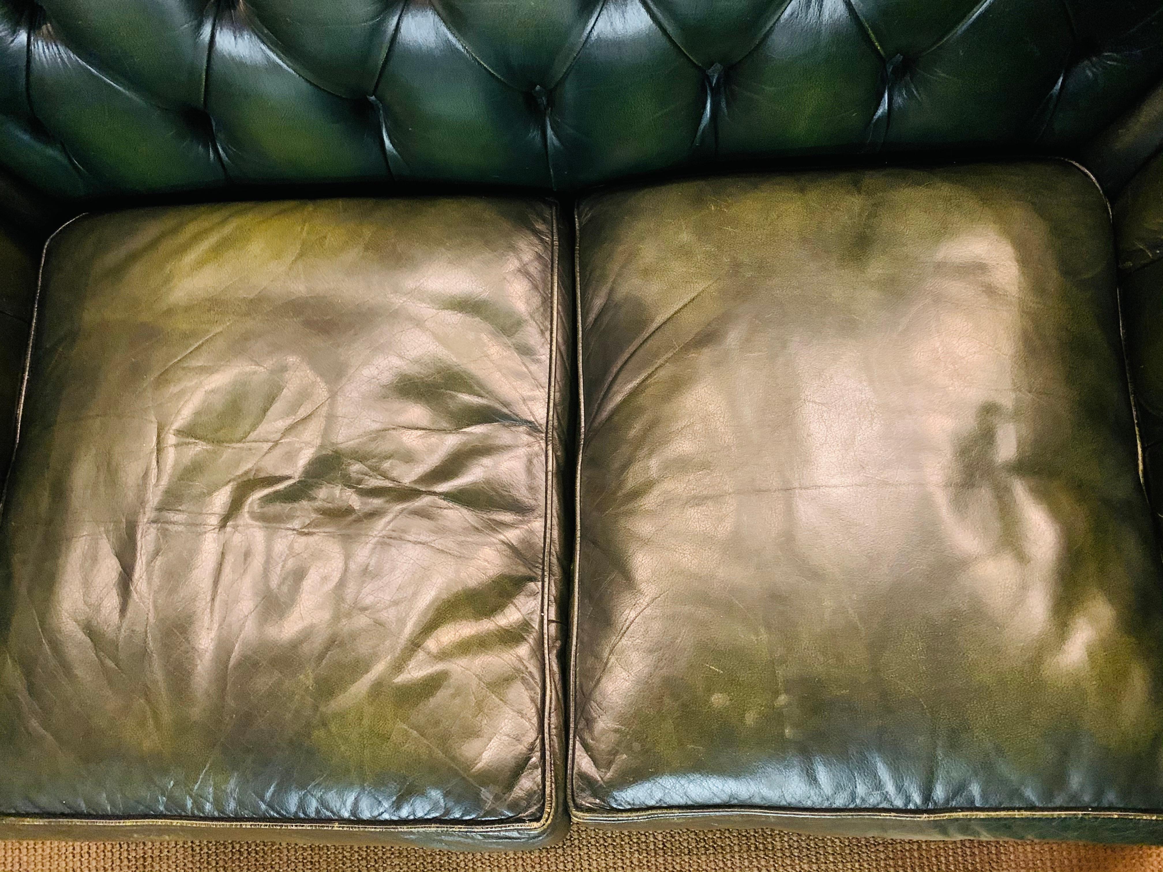 Original English Dark Green Chesterfield Leather Two-Seat Sofa 1