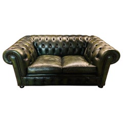 Original English Dark Green Chesterfield Leather Two-Seat Sofa