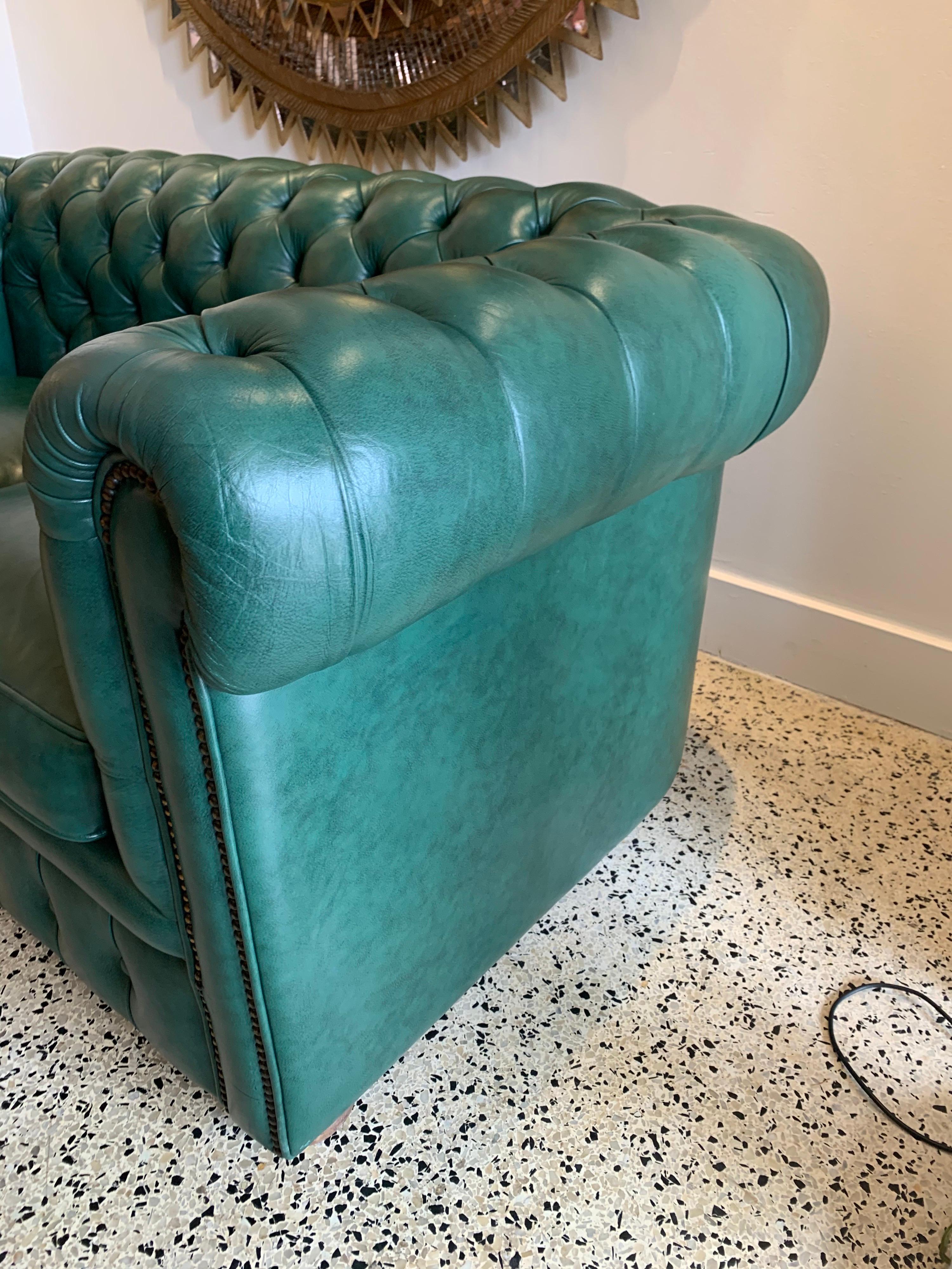 20th Century Original English Hunter Green Chesterfield Leather Two-Seat Sofa