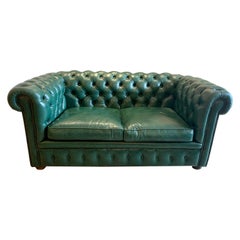 Original English Hunter Green Chesterfield Leather Two-Seat Sofa