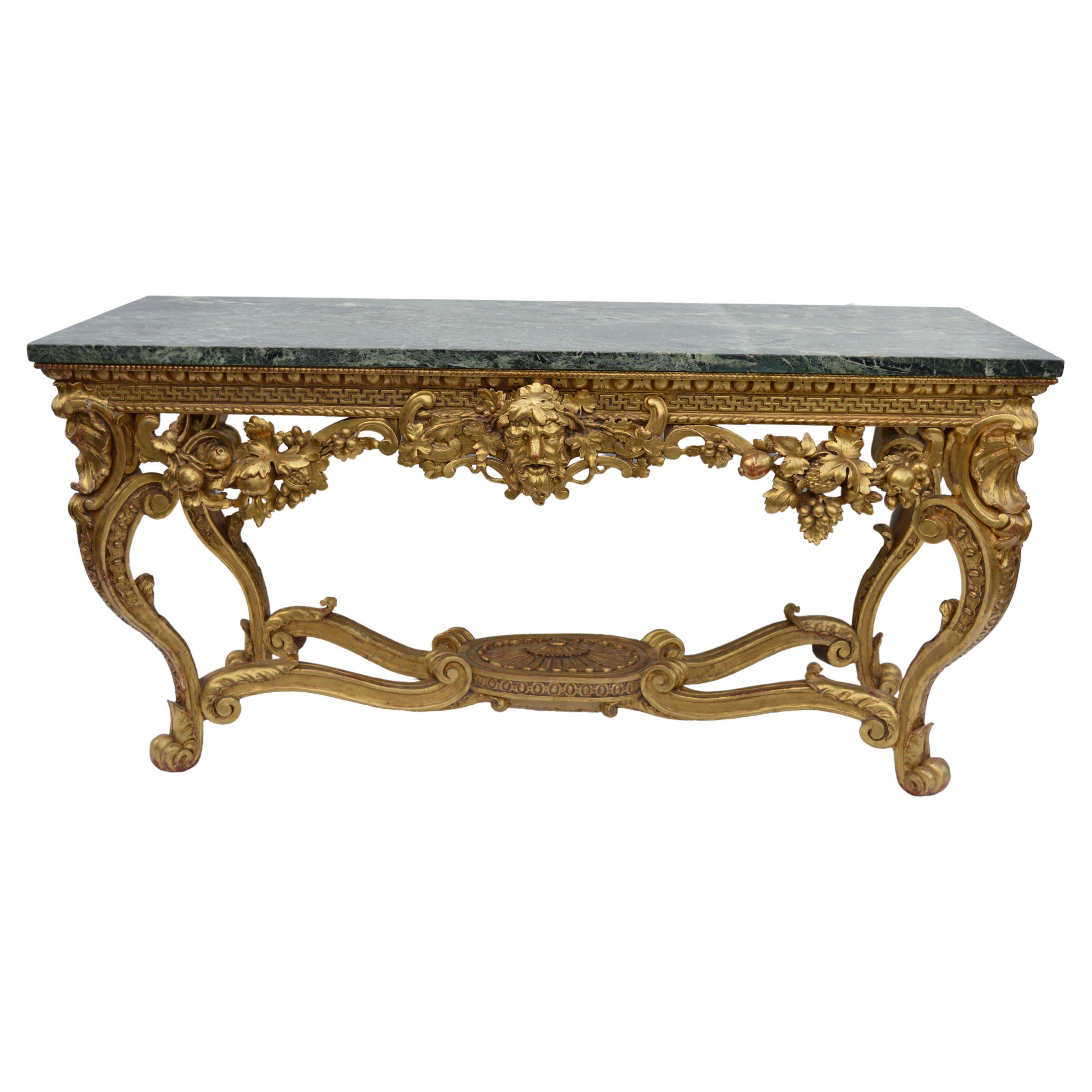 Large English, early 19th century, neoclassical, Giltwood console table. Hand-carved with marble top.