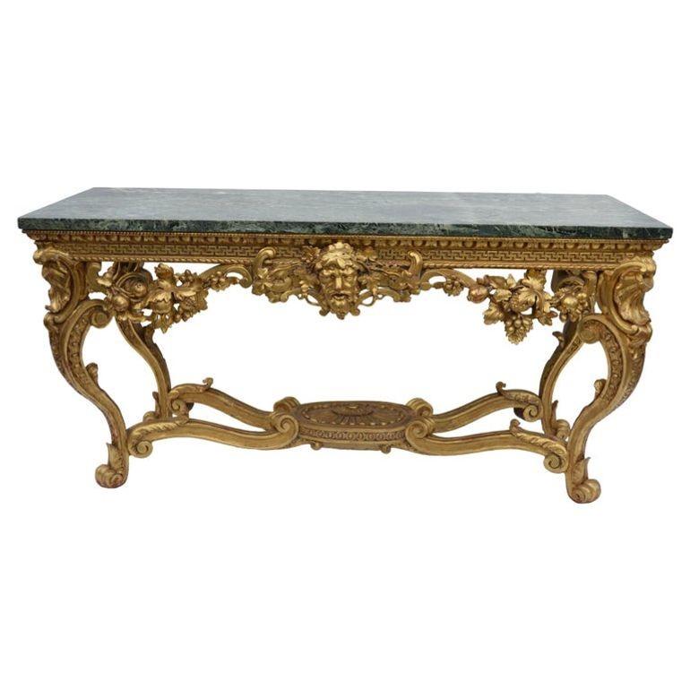 Large English, early 19th century, neoclassical, Giltwood console table. Hand-carved with marble top.
