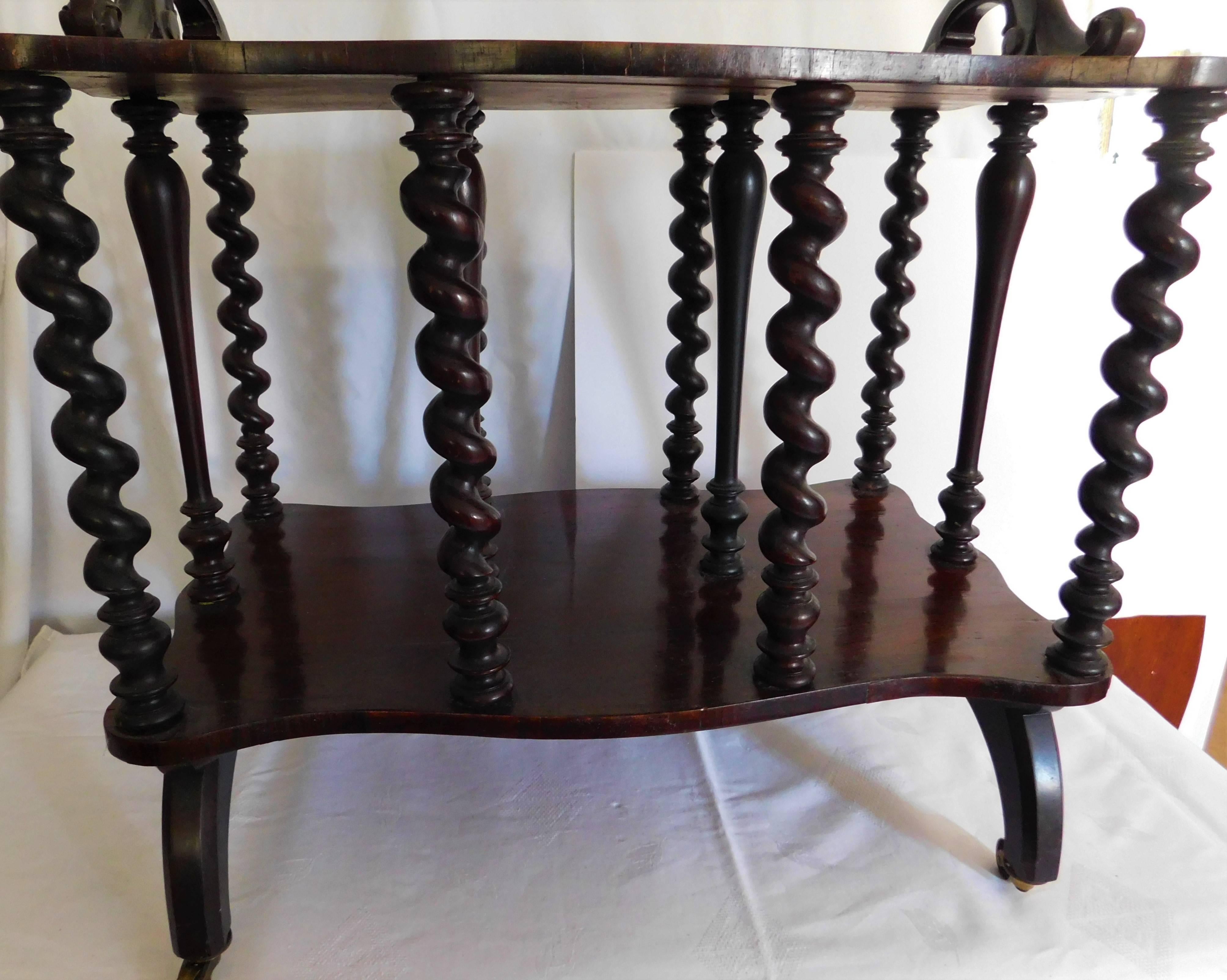 Late Victorian Original English Victorian Walnut Magazine Rack Table with Barley Twist Columns For Sale