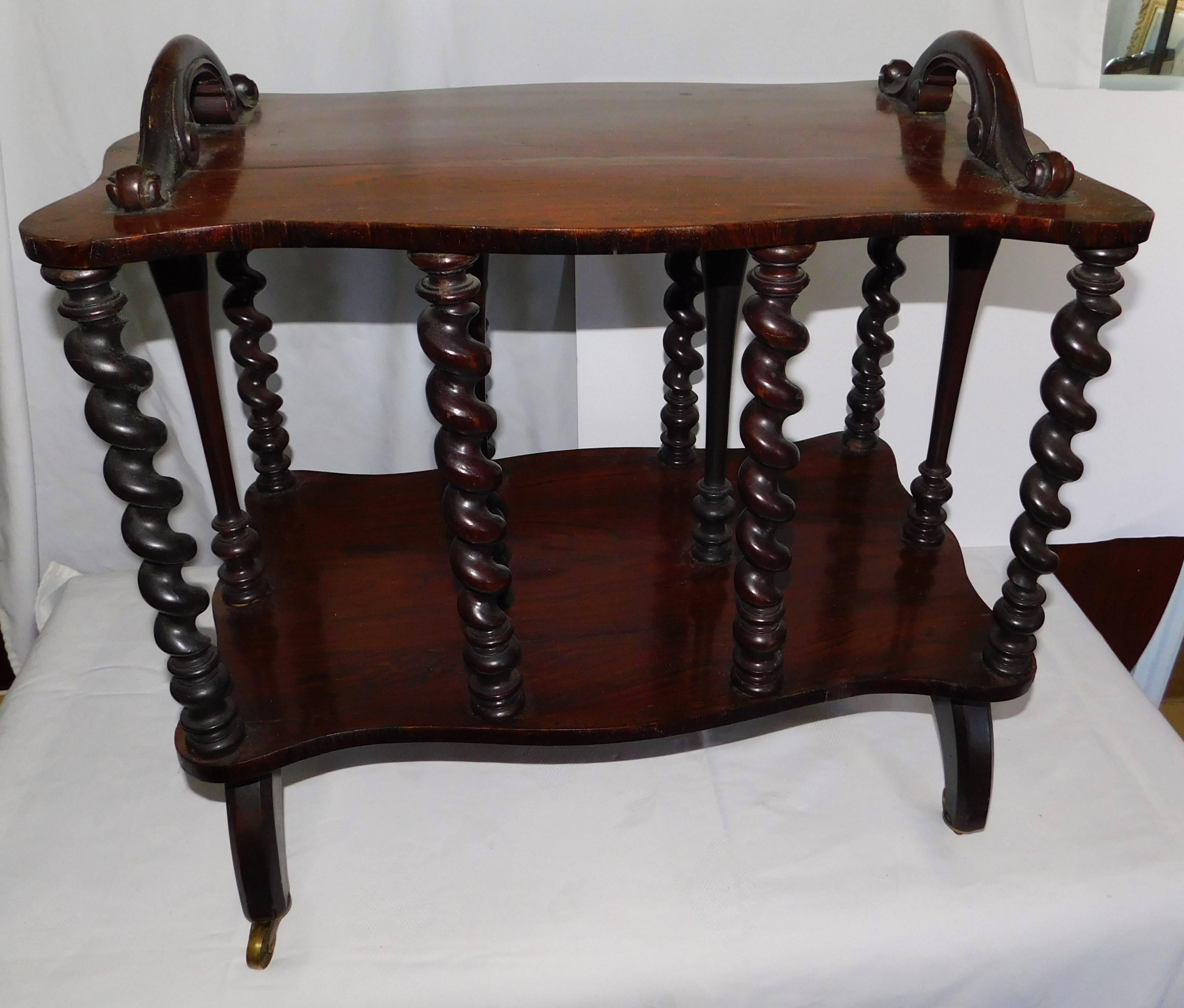 19th Century Original English Victorian Walnut Magazine Rack Table with Barley Twist Columns For Sale