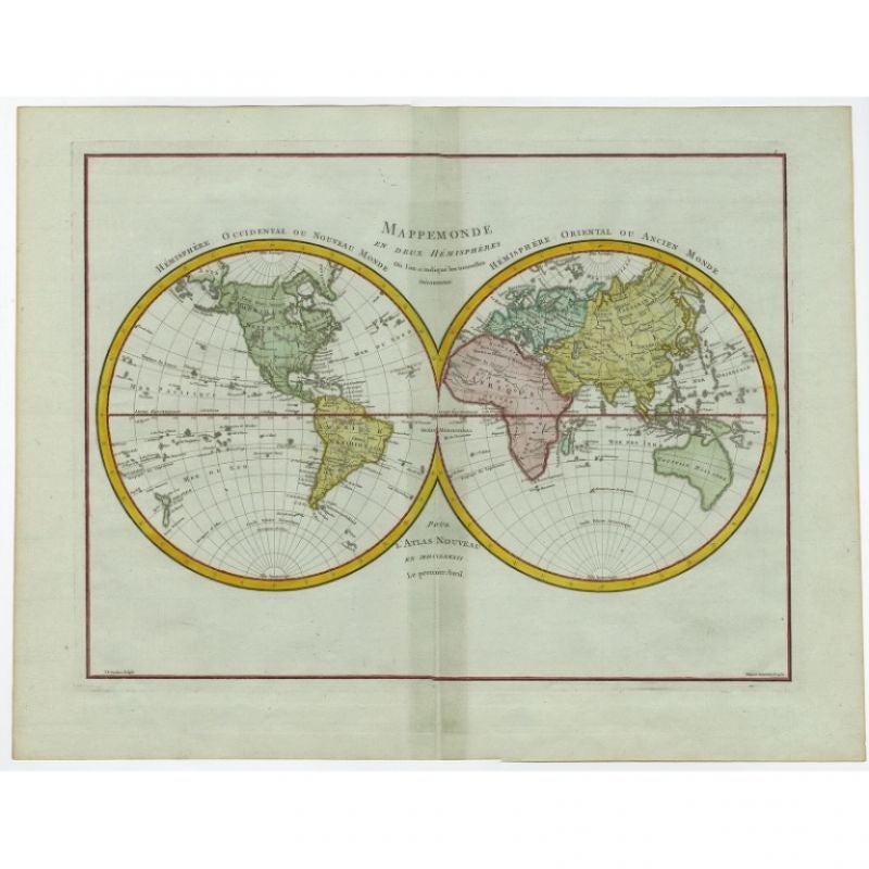 Antique map titled 'Mappemonde en Deux Hemispheres ou l'on a Indique les Nouvelles Decouvertes' - This handsome double hemisphere map presents a view of the physical world with particularly nice detail of the islands throughout the world. Australia