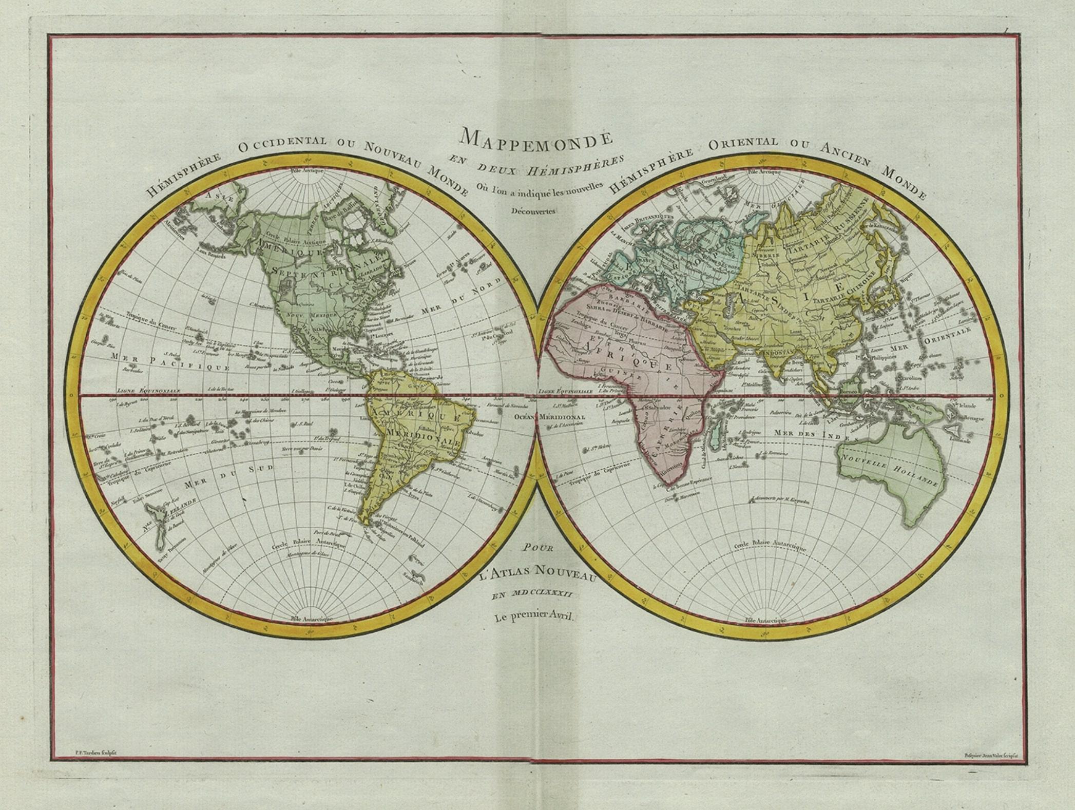 XVIIIe siècle et antérieur Carte ancienne originale gravée du monde entier, colorée et décorative, vers 1780 en vente