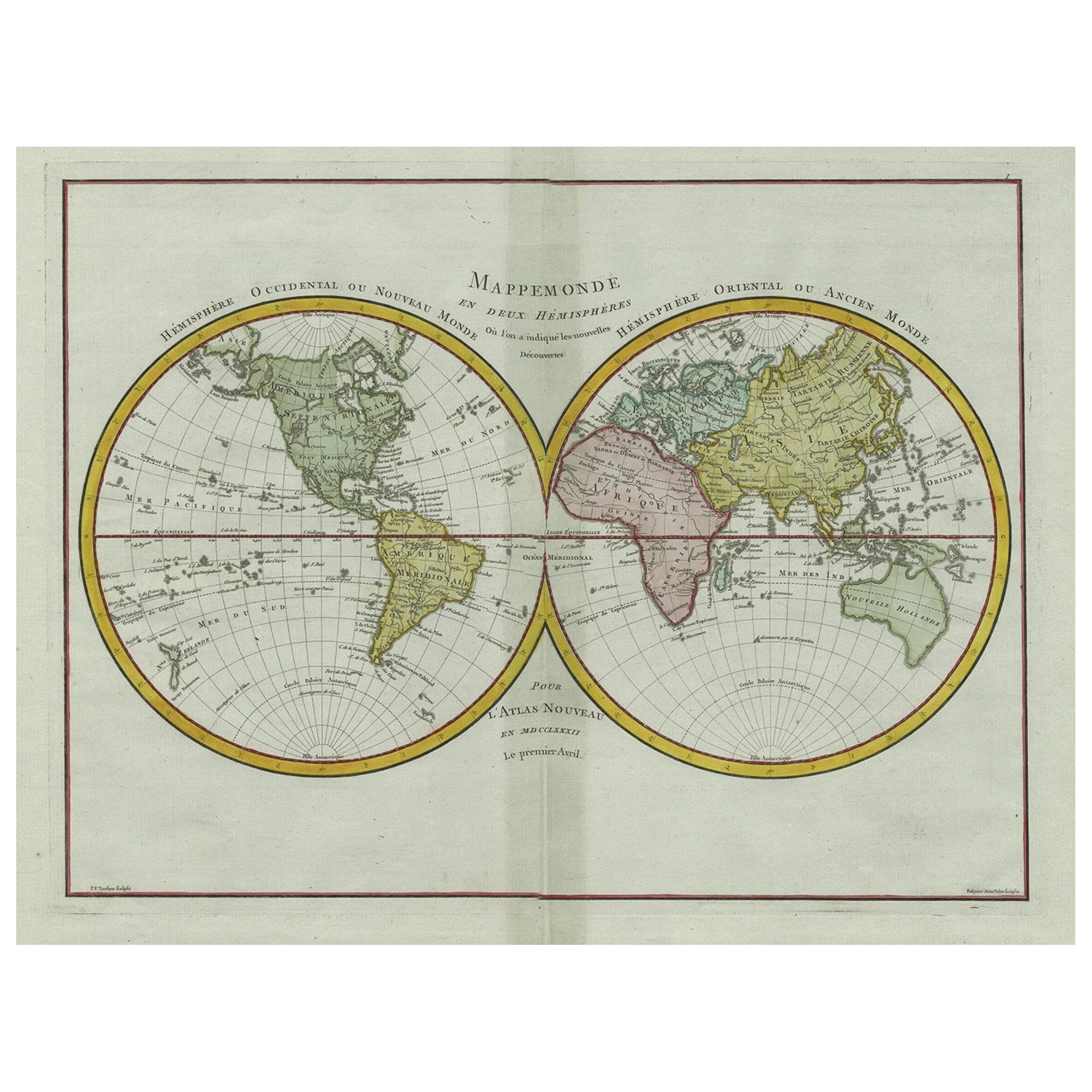 Mappa antica del mondo originale incisa, colorata e decorativa, 1780 ca.