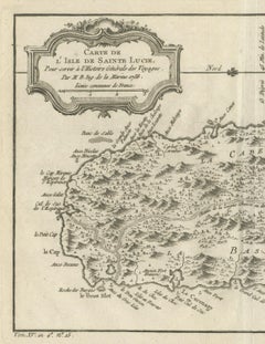 Original Engraved Map of Saint Lucia in the West Indies by Bellin, 1758
