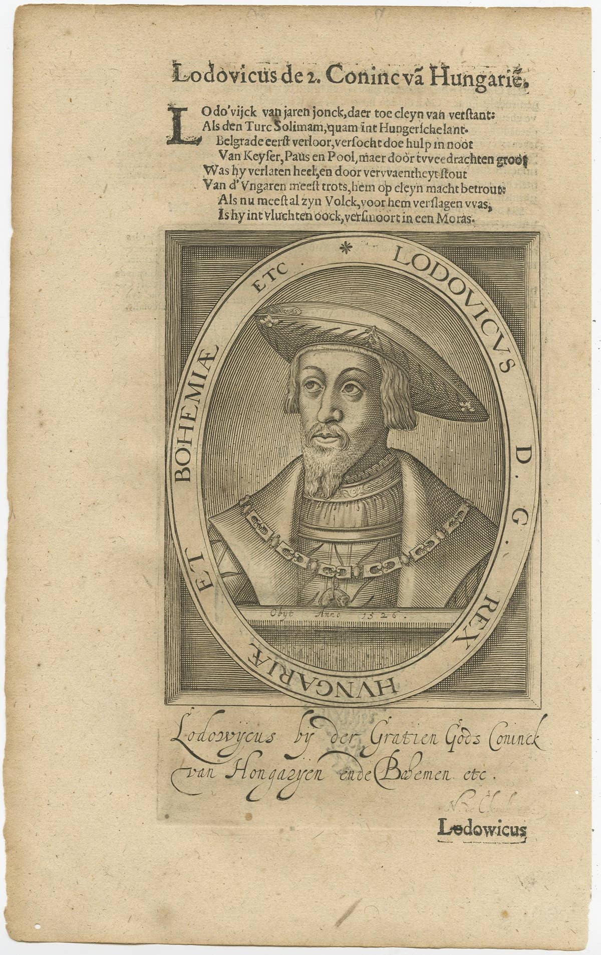 Original Engraved Portrait of Louis II, King of Hungary, Croatia & Bohemia, 1615