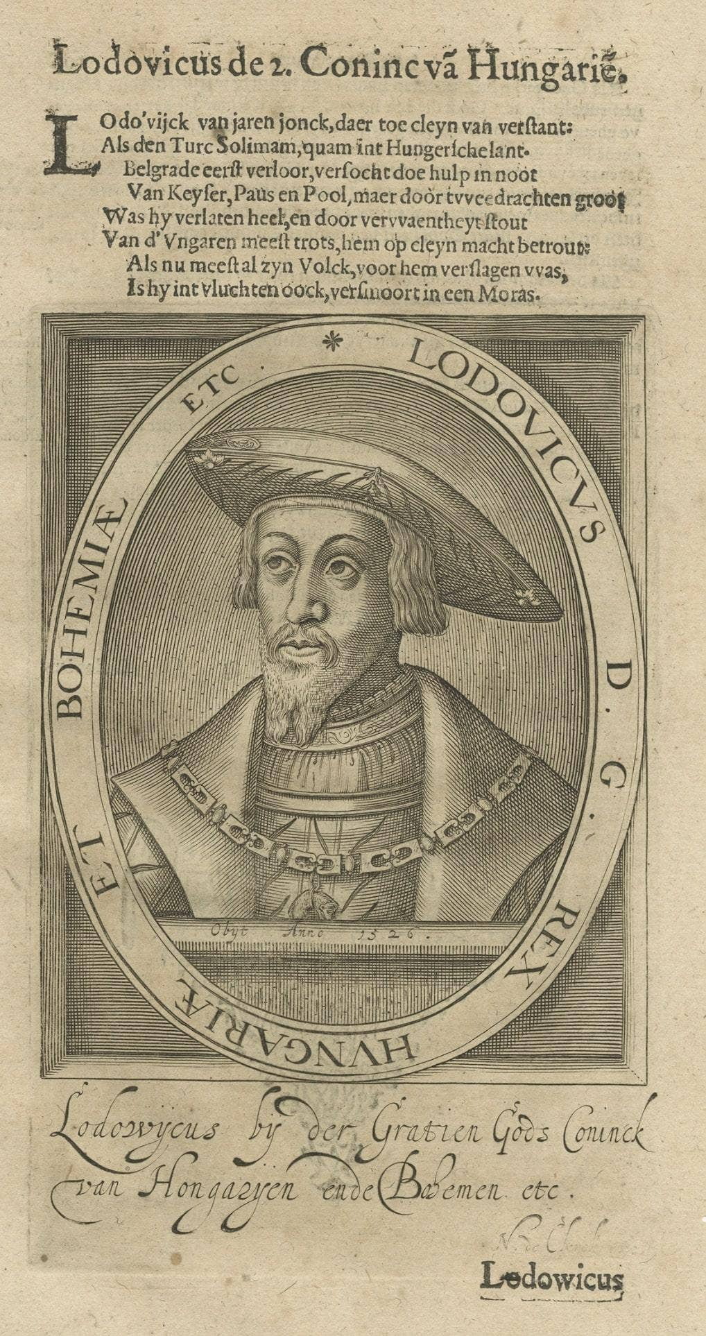 Original Engraved Portrait of Louis II, King of Hungary, Croatia & Bohemia, 1615