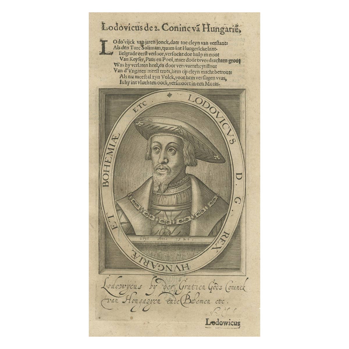 Original Engraved Portrait of Louis II, King of Hungary, Croatia & Bohemia, 1615