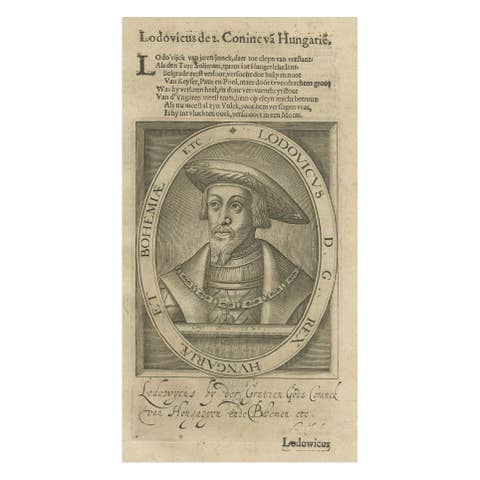 Original Engraved Portrait of Louis II, King of Hungary, Croatia & Bohemia, 1615