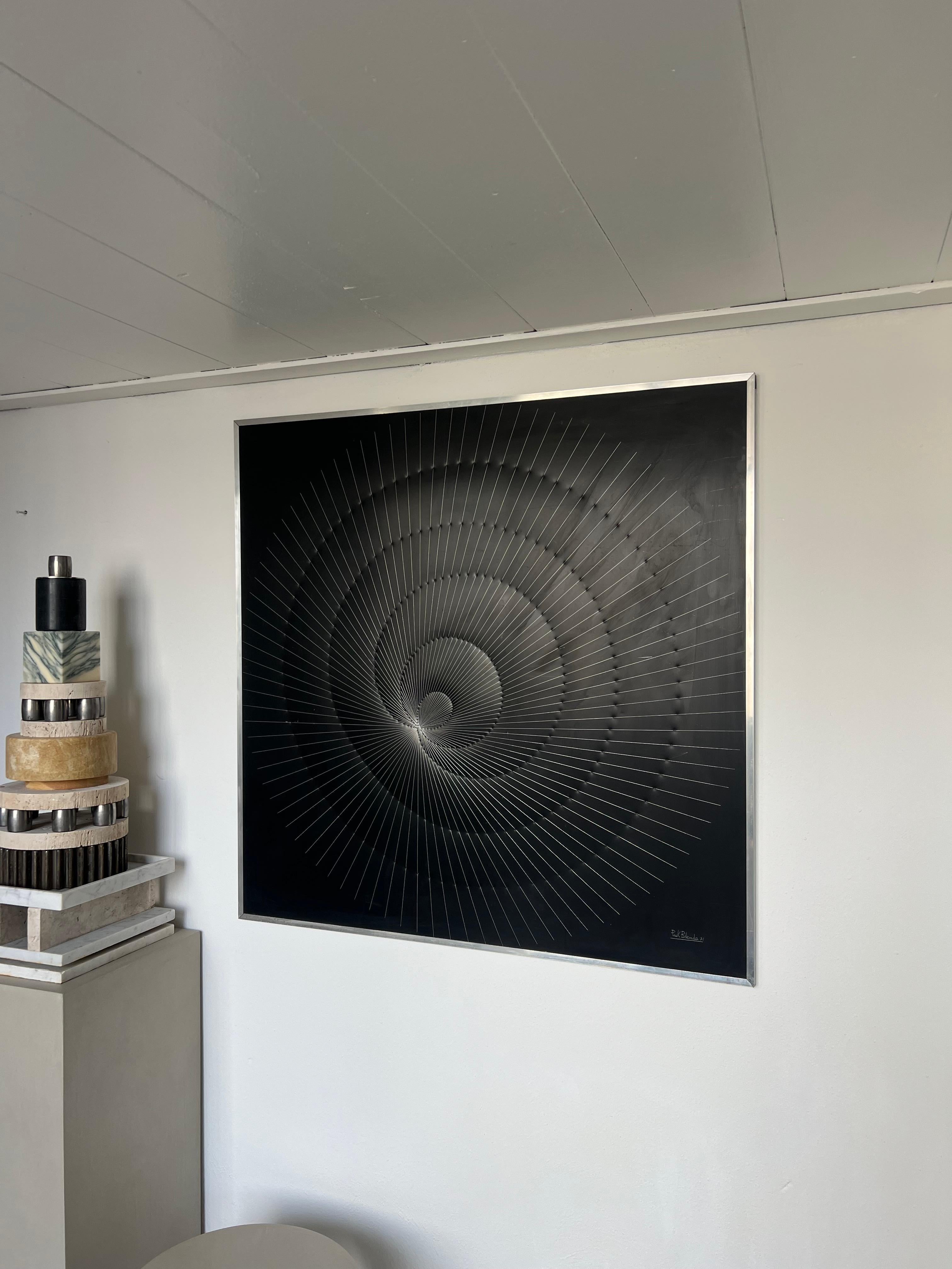 Stunning metal visual artistic panel with 
An artist active in the 1970s, Peck Blenda is known for his contribution to the field of Op Art, the artistic movement that explores optical illusions and perceptual games through geometric shapes and sharp