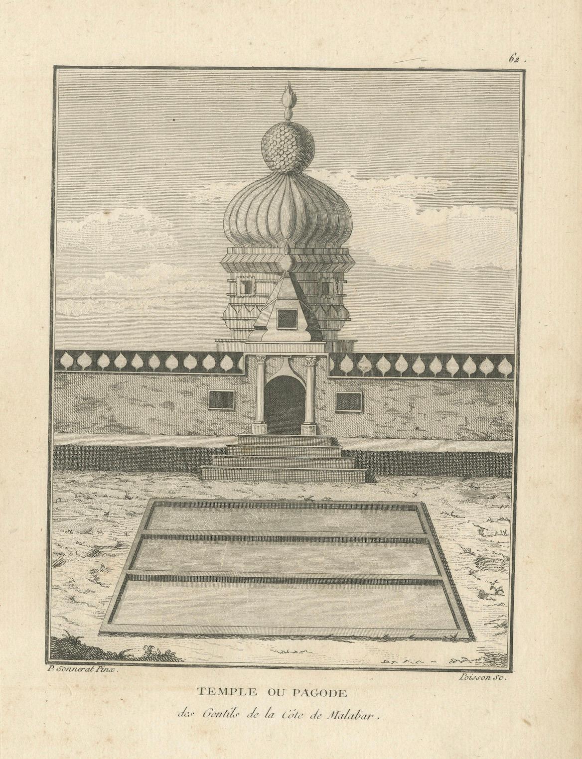 Titre : Gravure d'une pagode hindoue sur la côte de Malabar, estampe de temple ancienne

Description : Cette élégante estampe ancienne, intitulée 