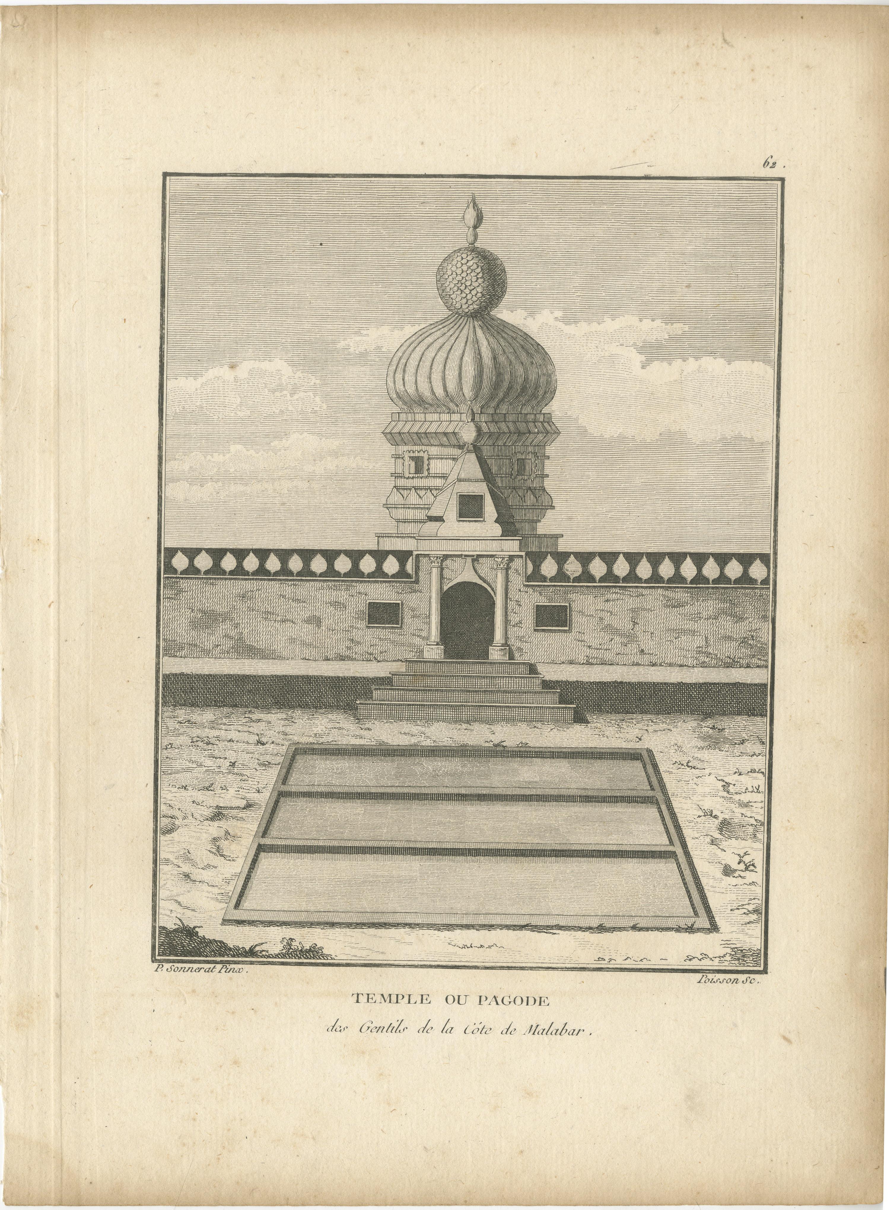 Gravure originale de pagode hindoue sur la côte de Malabar, impression de temple ancienne, 1806 en vente 2