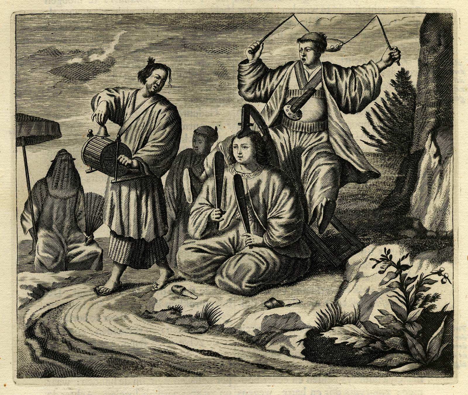 Antique print, titled: 'Japansche kamerspeelders.' - ('Japanese musicians'). 

Four chamber musicians are playing on native instruments outside. Arnoldus Montanus' 