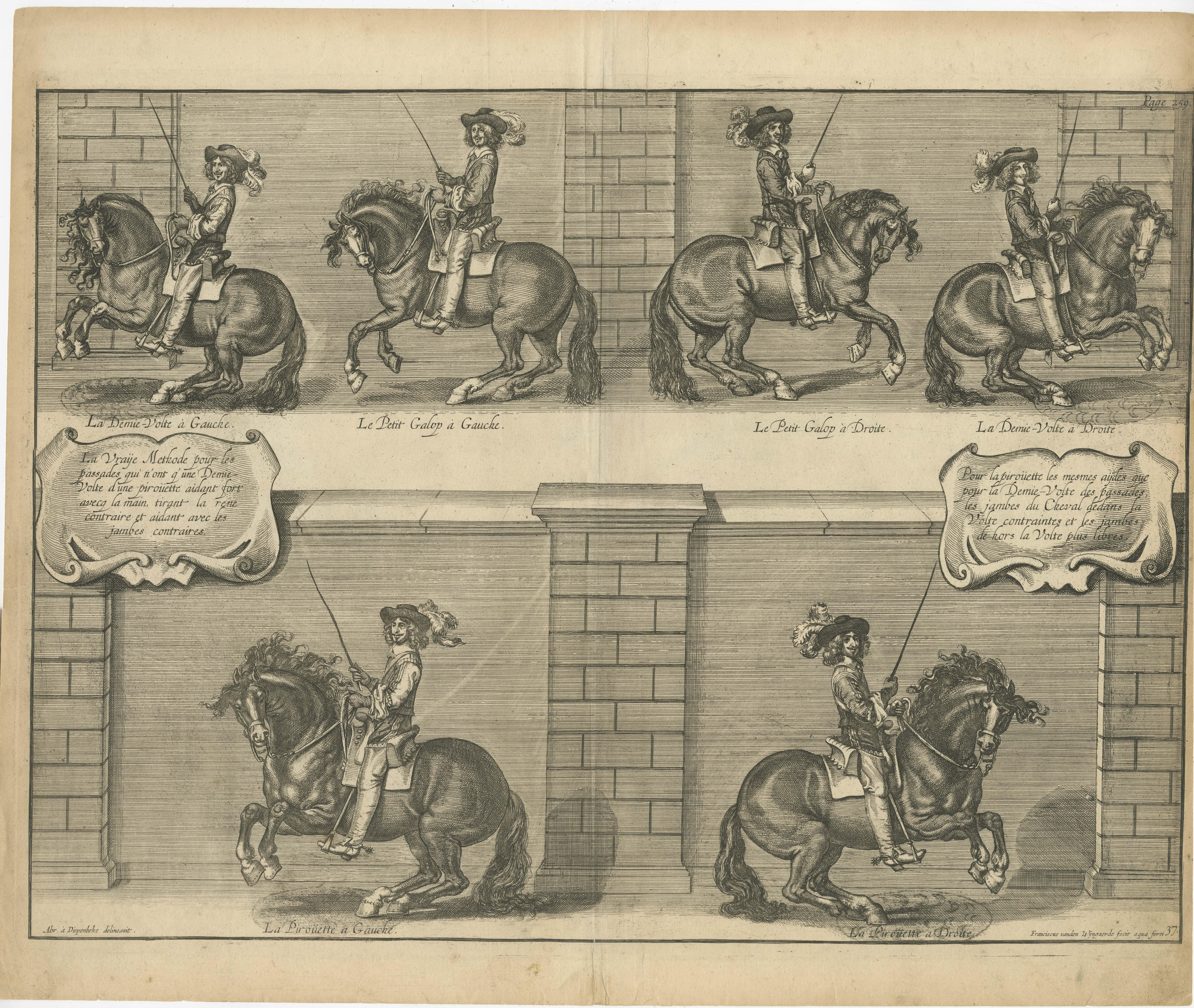Antique print titled 'La Vraije Methode pour les passades (.)'. Original old print of the Duke of Newcastle enacting half turns, canters and pirouettes on horseback. This print originates from the 1737 English edition of Cavendish's exposition on