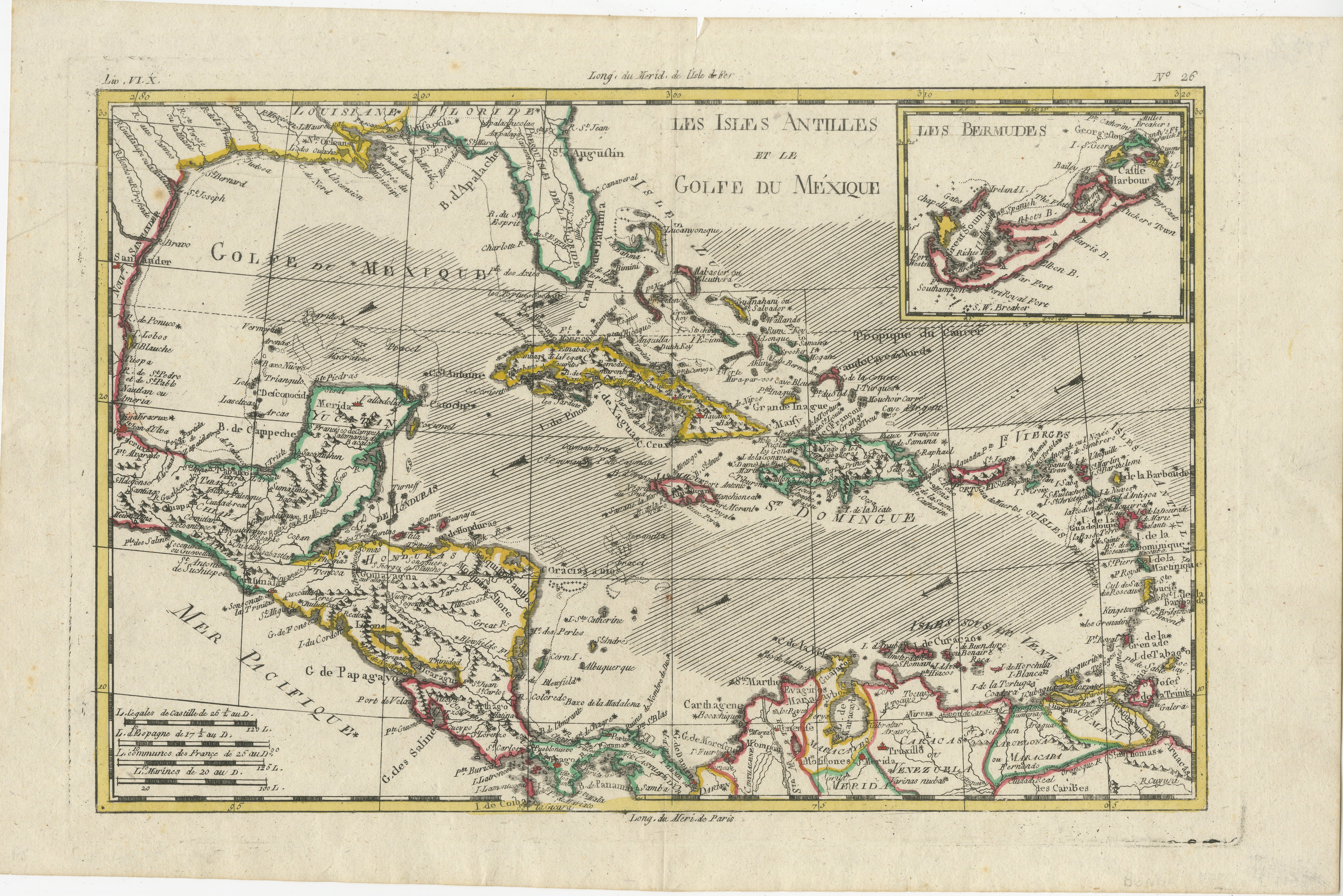 Die Karte der Westindischen Inseln, des Golfs von Mexiko, der Antillen und der Karibik von Rigobert Bonne und G. Raynal aus dem Jahr 1780 ist ein bemerkenswertes kartografisches Werk, das einen detaillierten und umfassenden Überblick über die Region