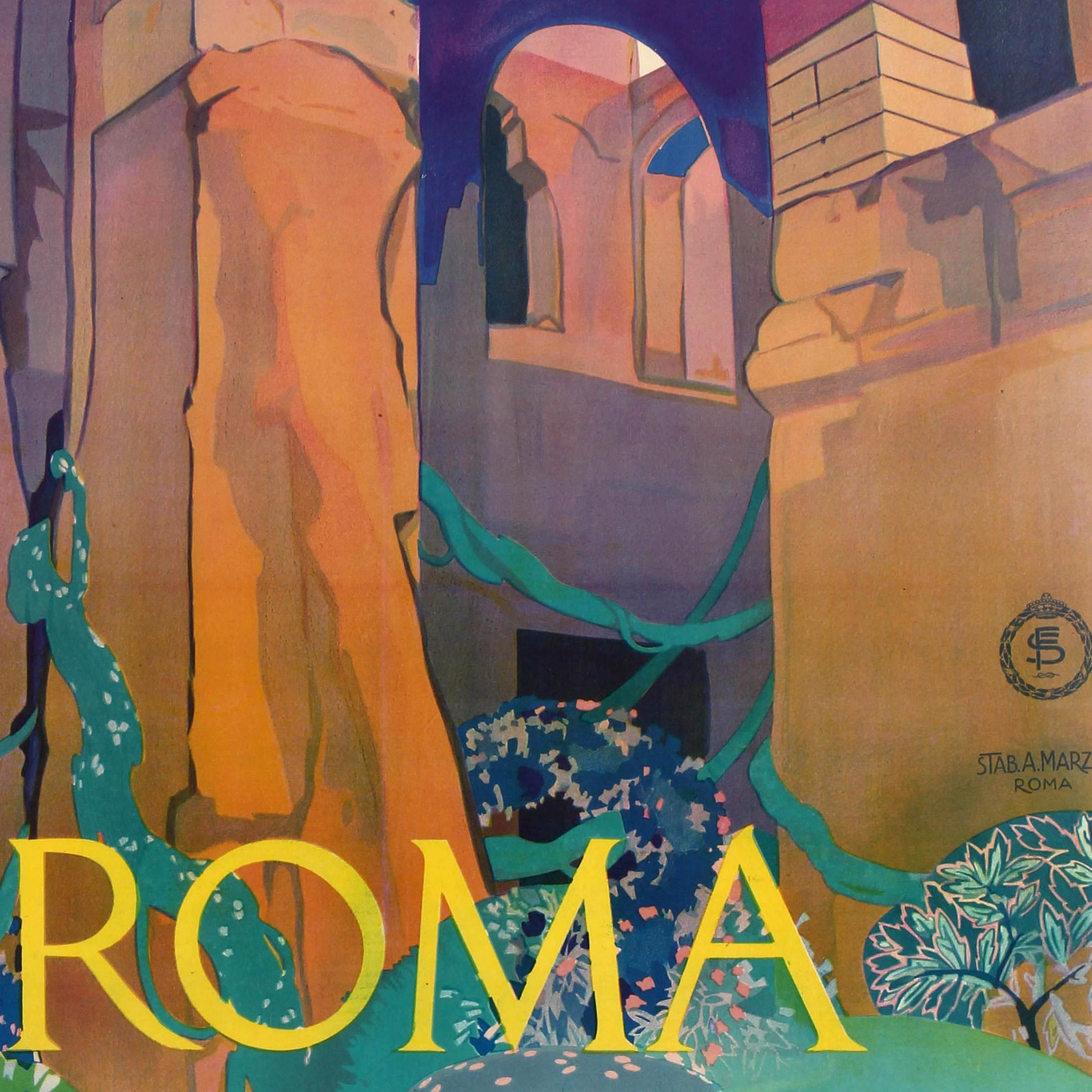 Original vintage travel advertising poster published by the Italian tourist board ENIT to promote the Trajan's Market / Mercato di Traiano ruins in the city of Rome built in 100-110AD as shopping arcades in the Trajan's Forum complex. Stunning