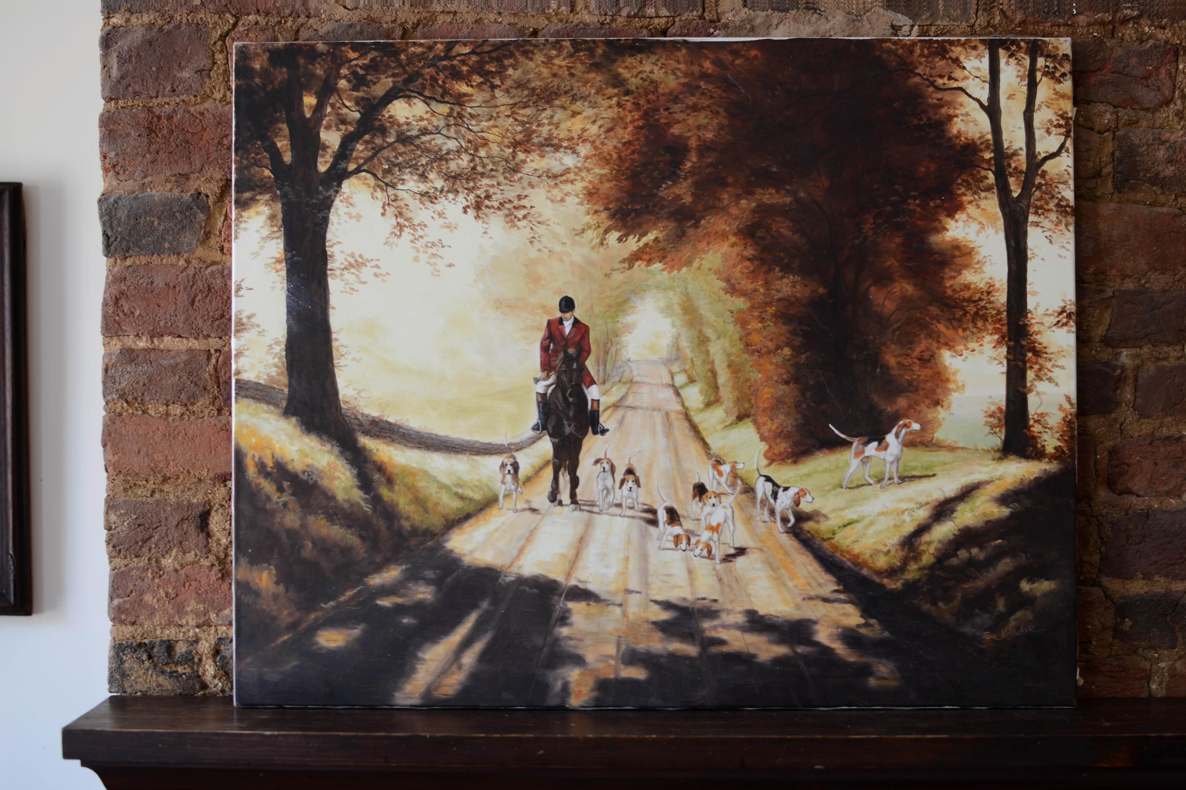 Brushed Original Equestrian Fox Hunting and Hounds oil painting by Sue Kelleher For Sale