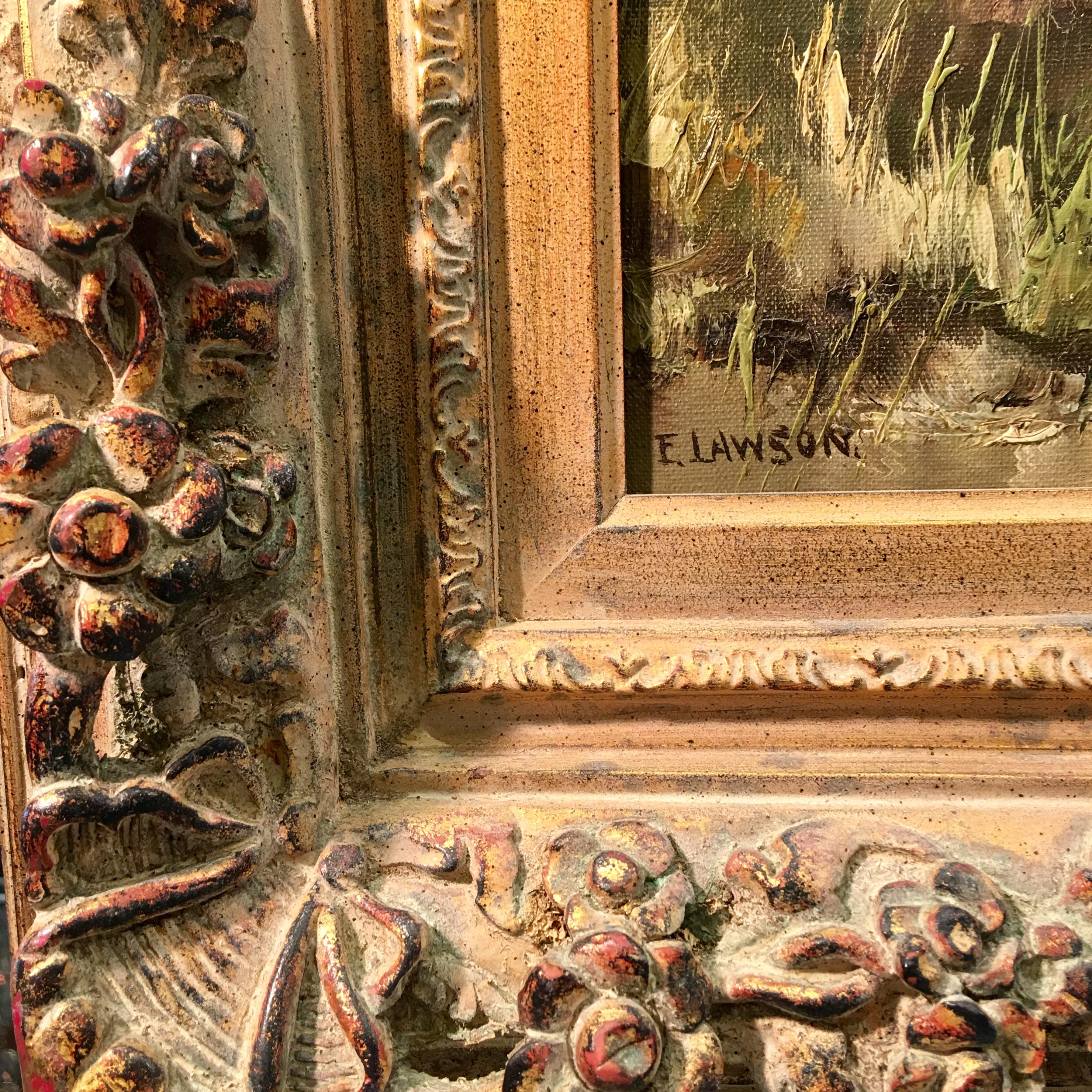 Bellissimo dipinto originale plein air in stile impressionistico e realistico, olio su tela, raffigurante un paesaggio boscoso, con magnifici alberi che sovrastano una donna e un bambino, che camminano fianco a fianco tra gli alberi e verso il bordo