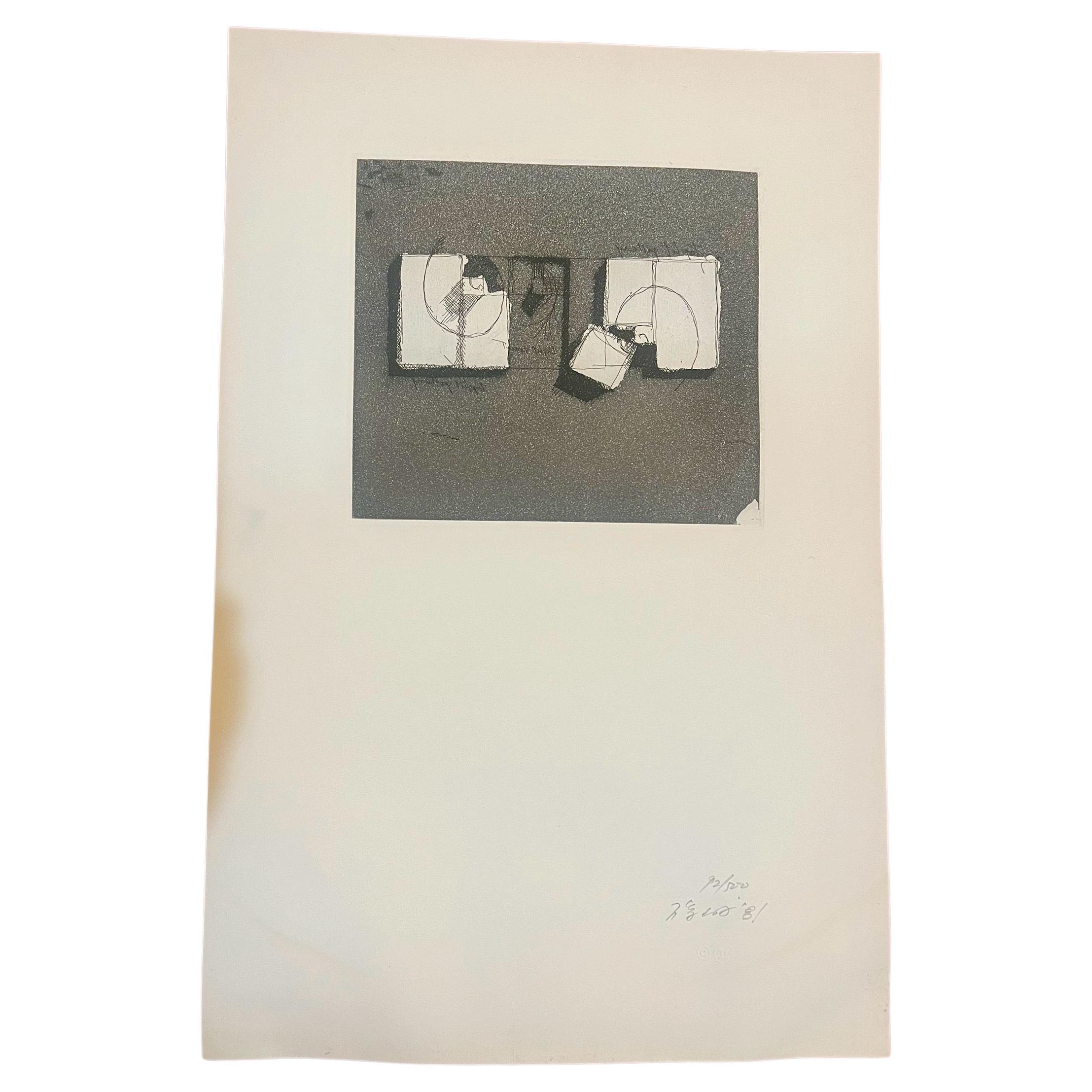 Une incroyable et rare gravure , aquatinte non encadrée de l'architecte Arat Isozaki , circa 1981 , belle pièce d'art minimaliste , signée numérotée et datée sur papier embossé très bon état propre . beau papier imprimé artiste listé avec de