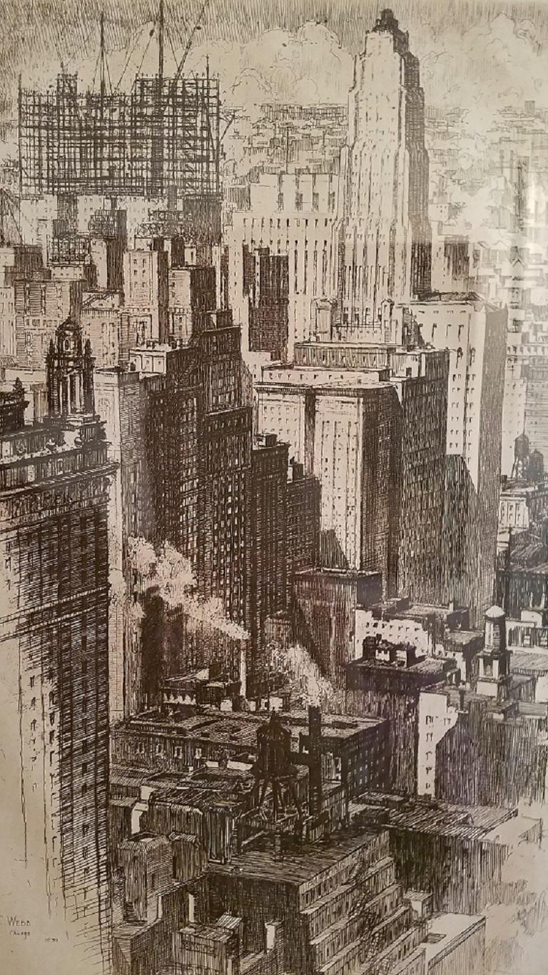Voici une gravure originale très rare d'Alonzo C. Webb de la ville de Chicago avec une vue du centre-ville datant de 1930.

Cette gravure est en superbe état d'origine.

Il s'agit d'une gravure originale et non d'une impression. Il n'y a pas de