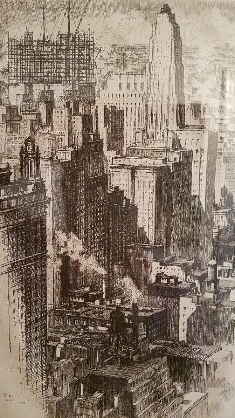 Art déco Gravure originale d'A.C. Webb of Chicago Skyline en 1930 en vente
