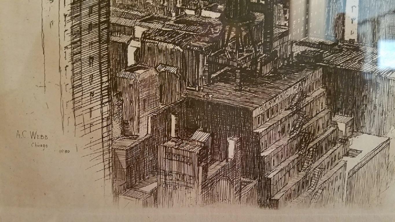 Américain Gravure originale d'A.C. Webb of Chicago Skyline en 1930 en vente