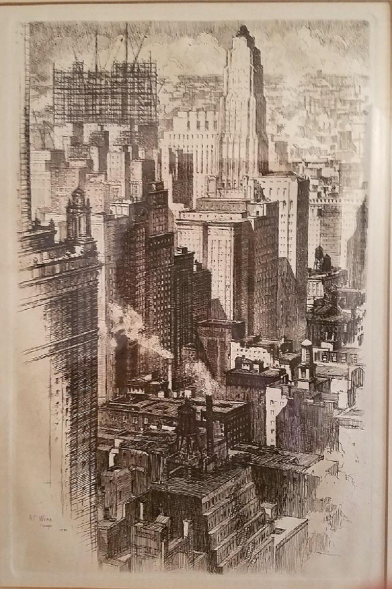 Peint à la main Gravure originale d'A.C. Webb of Chicago Skyline en 1930 en vente