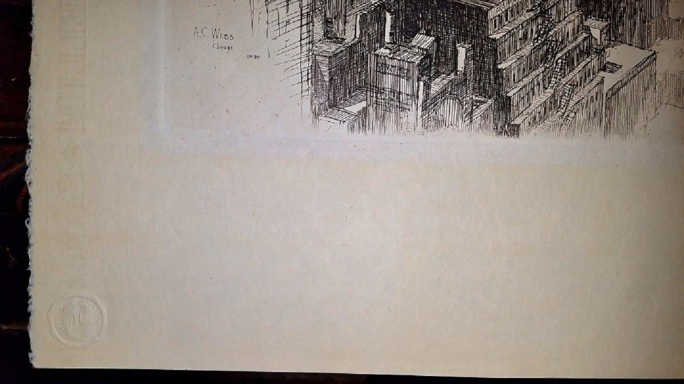 American Original Etching by AC Webb of Chicago Skyline in 1930 For Sale