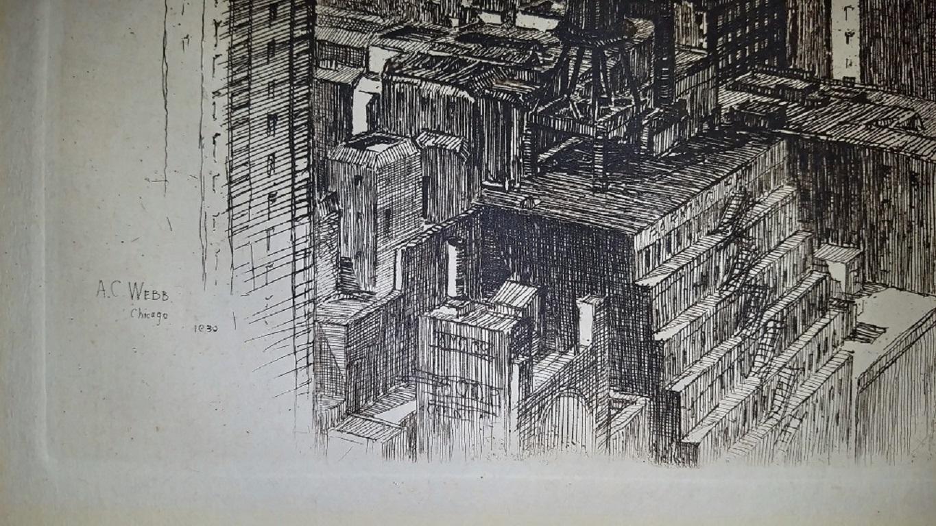 Hand-Painted Original Etching by AC Webb of Chicago Skyline in 1930 For Sale