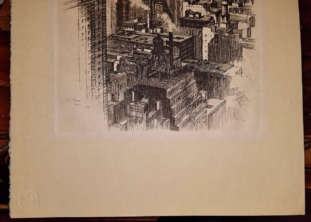 Gravure originale d'A.C. Webb of Chicago Skyline en 1930 en vente 1