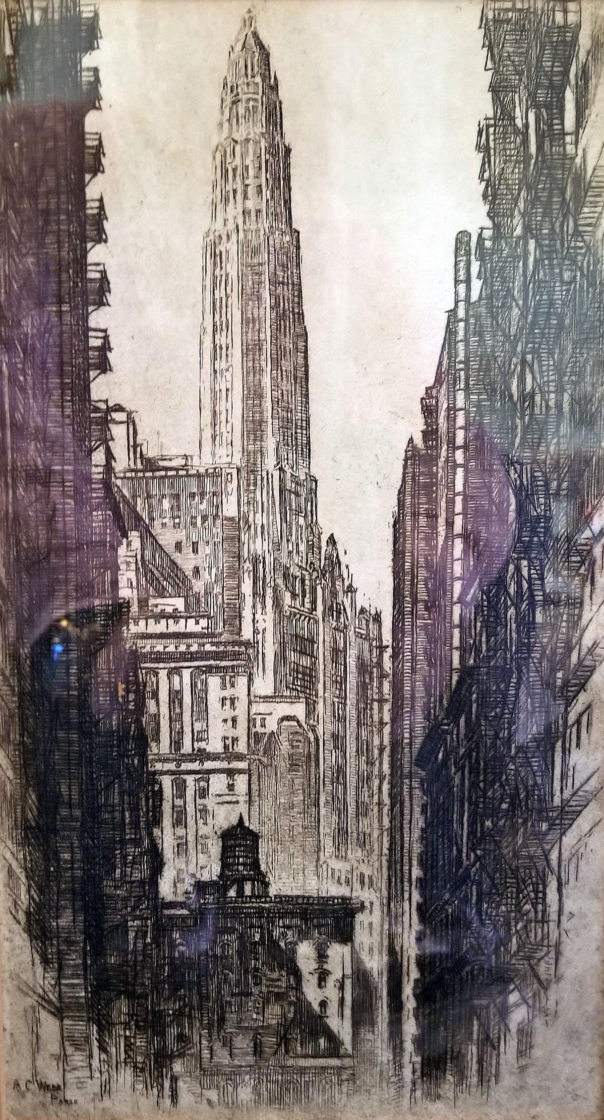 Original Etching by AC Webb Paris of Mather Tower Chicago For Sale 4