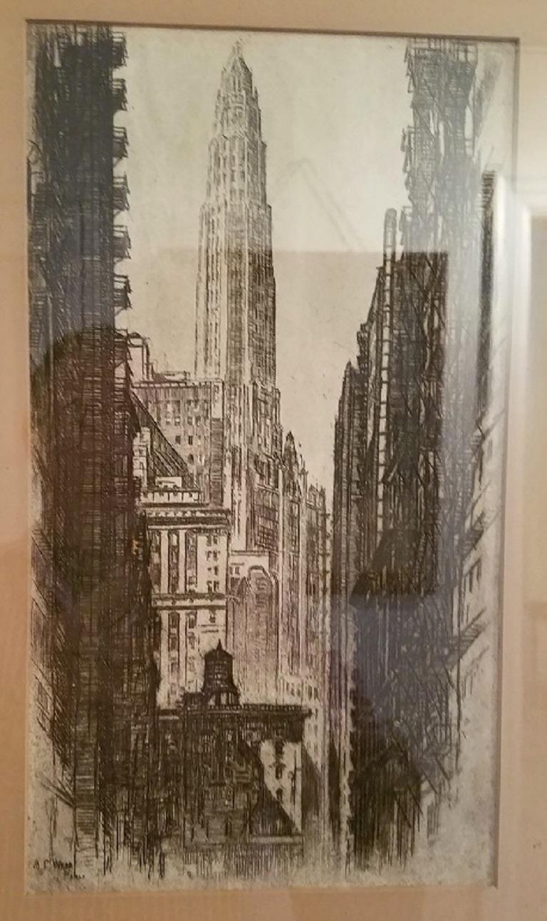 Art déco Gravure originale d'A.C. Webb Paris, de Mather Tower Chicago en vente