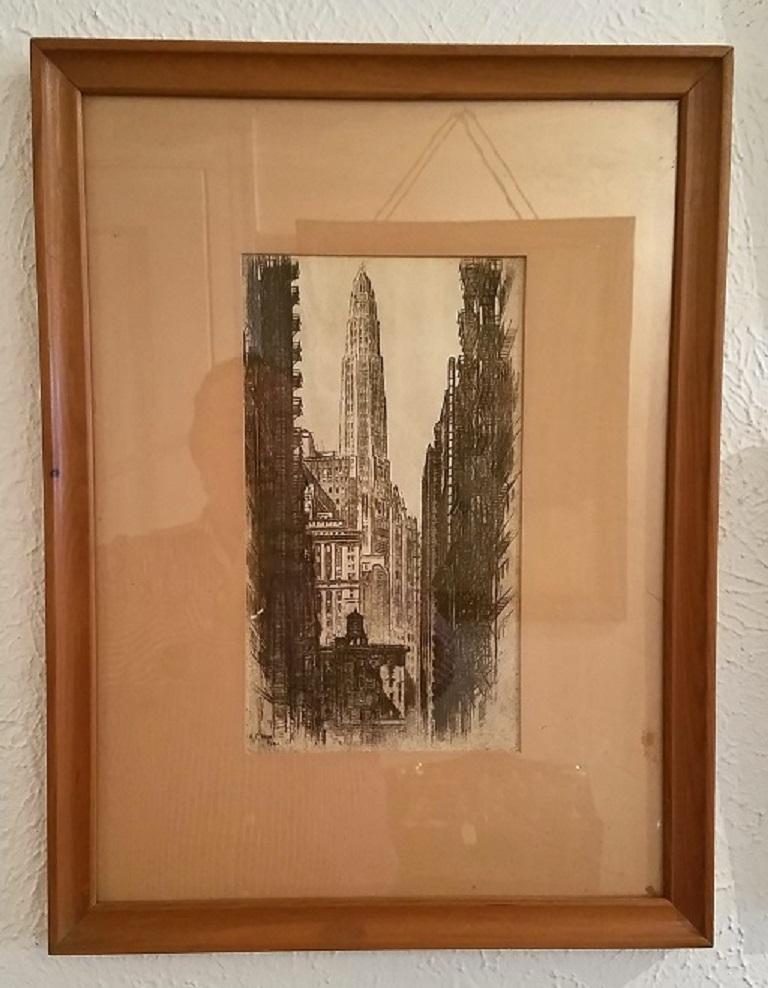 American Original Etching by AC Webb Paris of Mather Tower Chicago For Sale