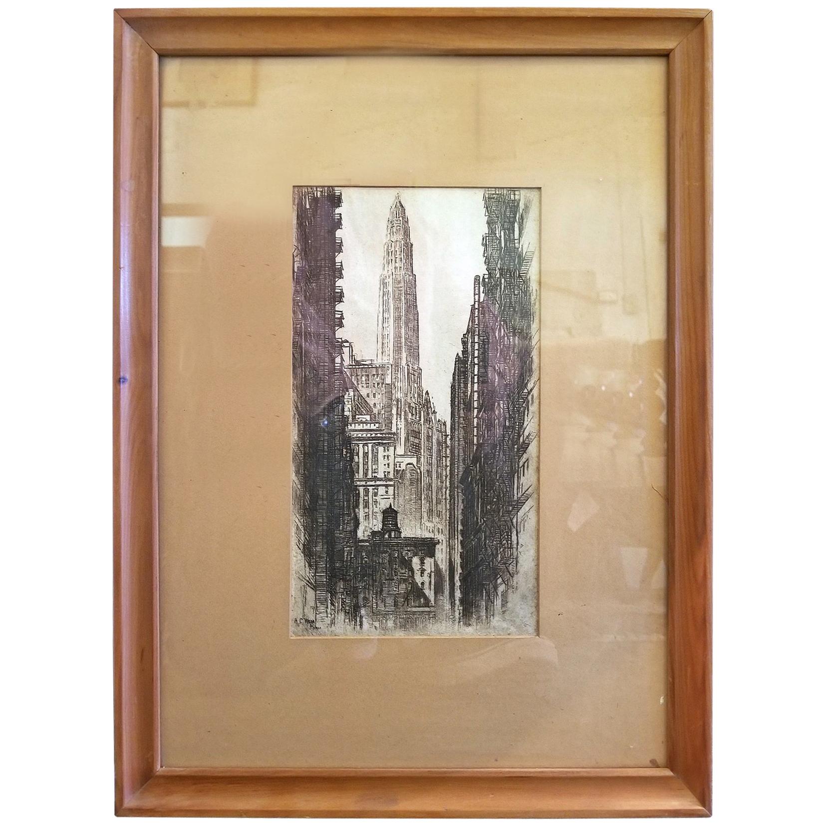 Original Etching by AC Webb Paris of Mather Tower Chicago For Sale