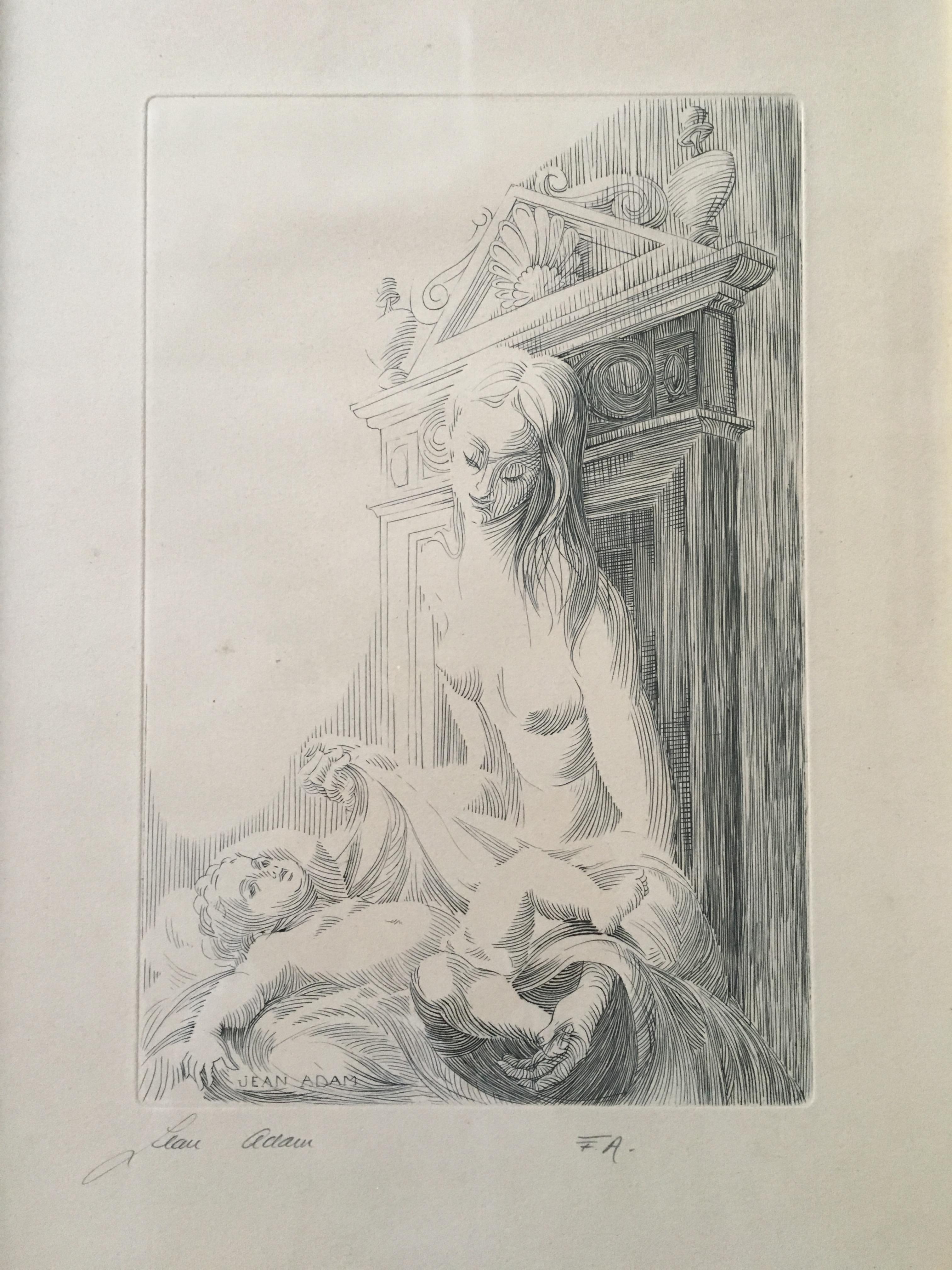 Original Neoclassical Etching by Listed French Artist Jean Victor Adam, Signed In Good Condition For Sale In Miami, FL