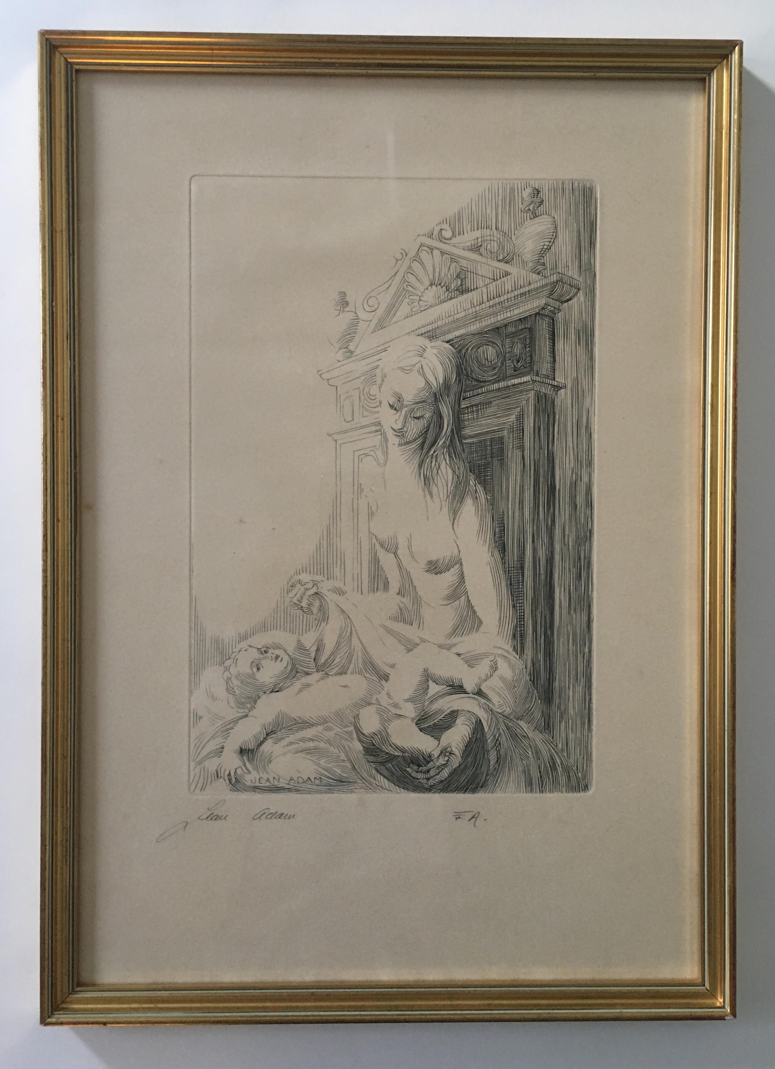 Paper Original Neoclassical Etching by Listed French Artist Jean Victor Adam, Signed For Sale