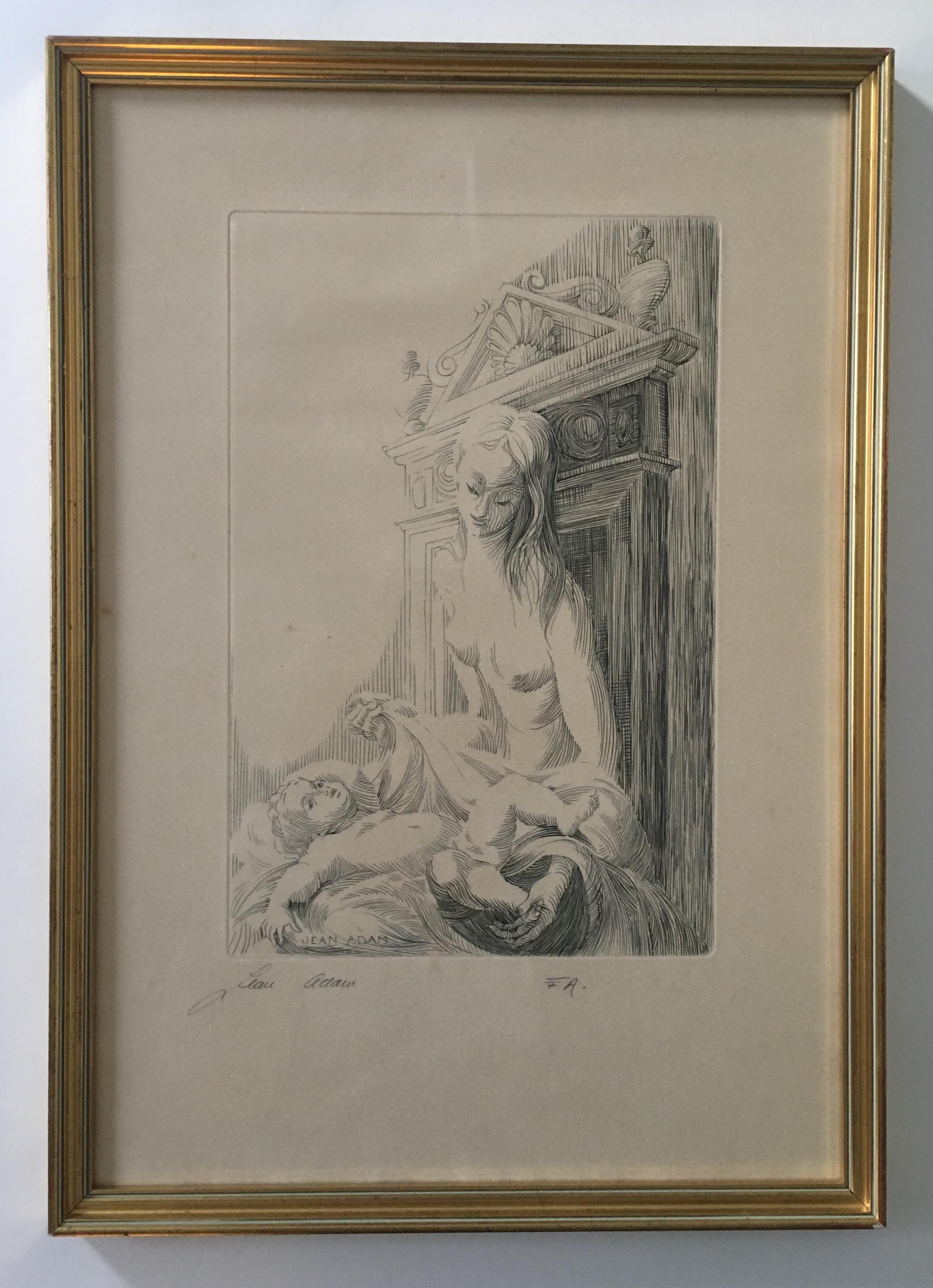 Gravure néoclassique originale de l'artiste français répertorié Jean Victor Adam, signée 1