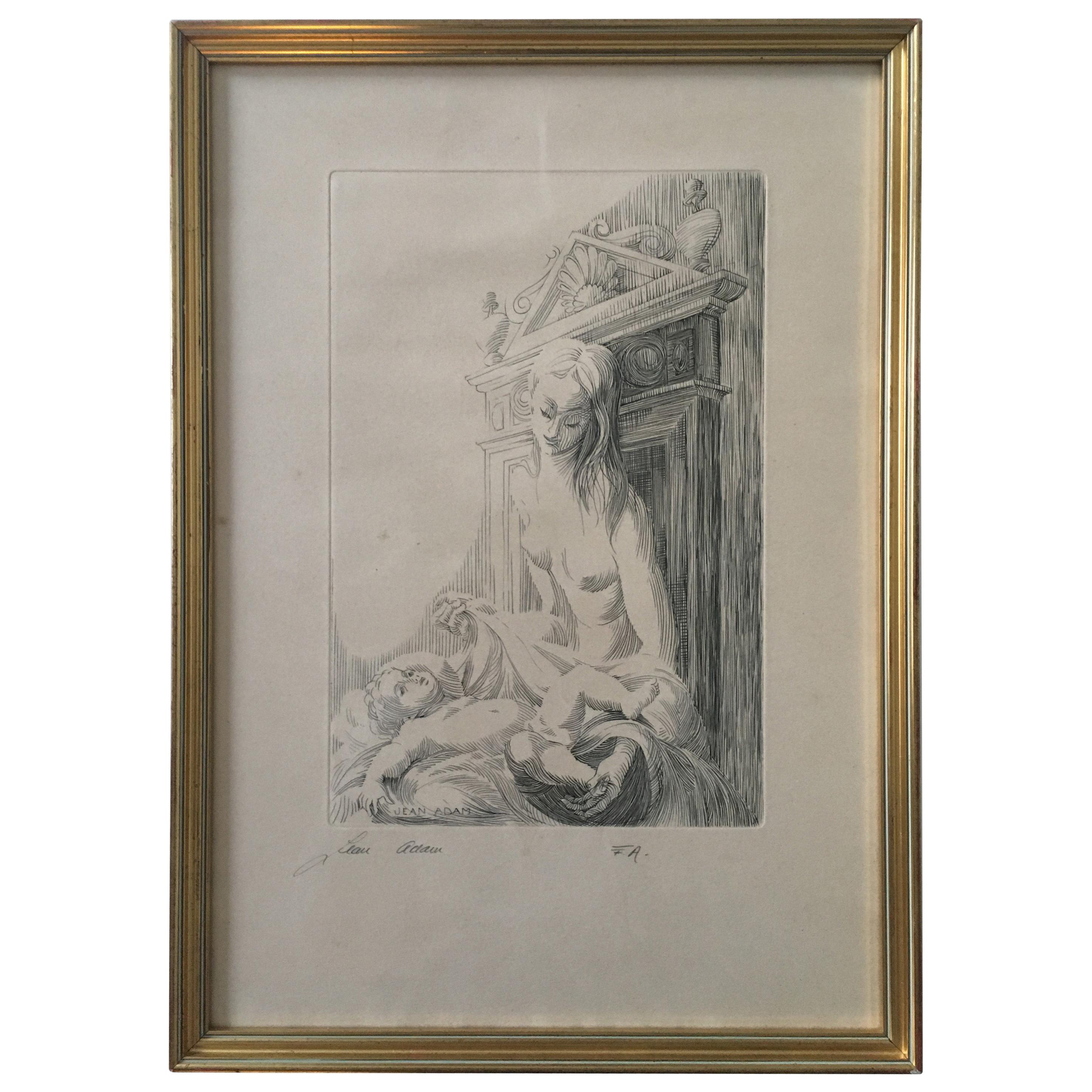 Original Etching by Listed French Artist Jean Victor Adam, Signed