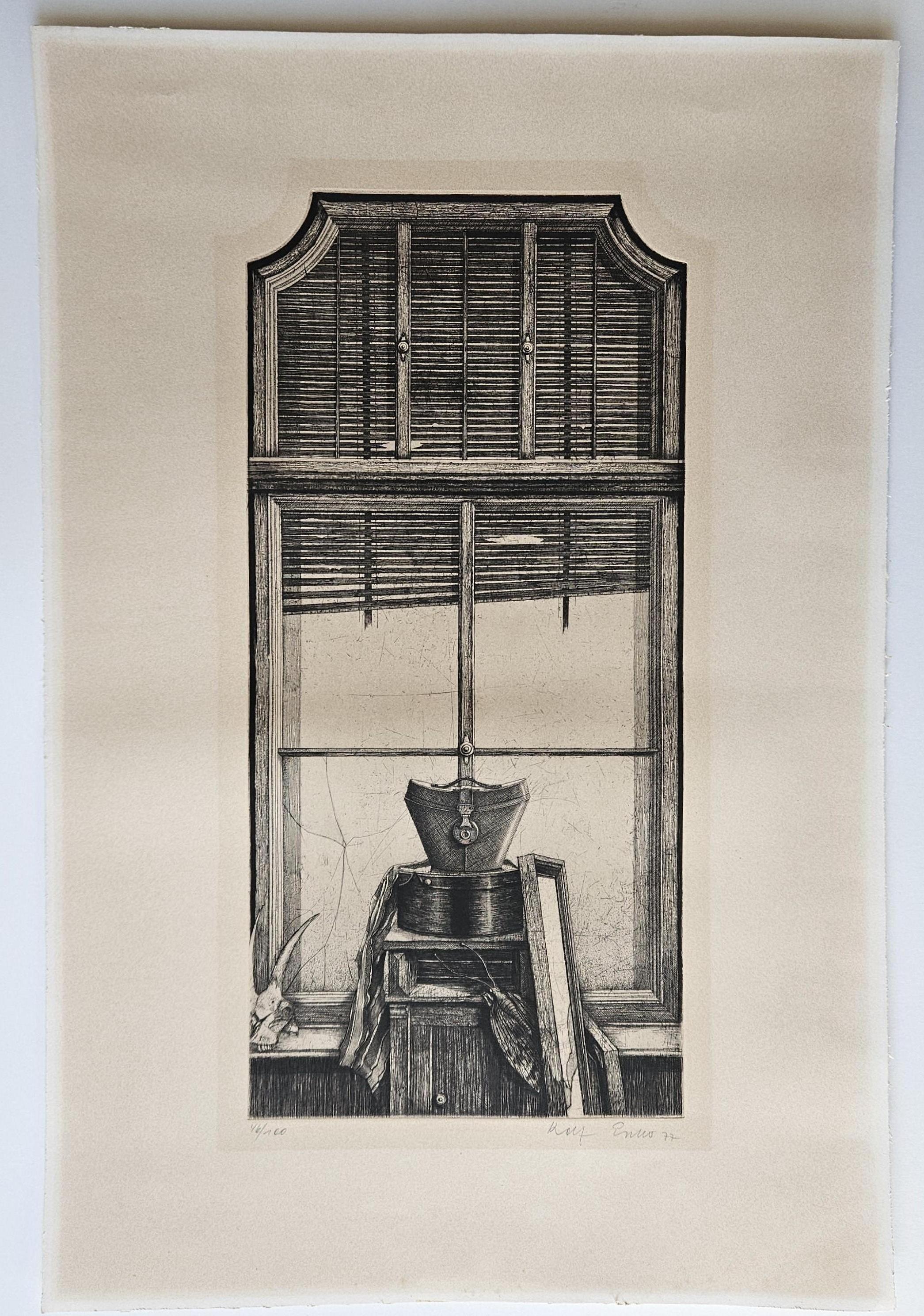 Forgotten Window - Realisme - Still life
Original Etching of the well known Artist  Rolf Escher dated, signed, 1977
dated, signed, printed on cream coloured, handmade paper
Print dimensions : 70cm x 47 cm - 27.56 x 18.50 inches
Plate dimensions: 52